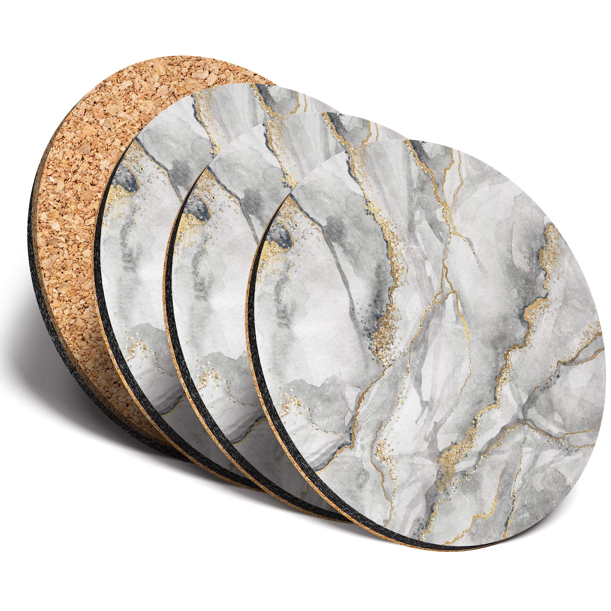 Destination Vinyl Ltd Great Coasters (Set of 4) Round - Grey White Gold Marble Effect Pattern Drink Glossy Coasters/Tabletop Protection for Any Table Type #24432