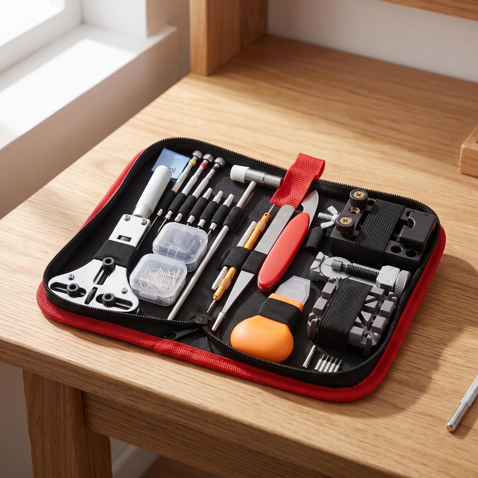 MERIGLARE Outils de Réparation Montre Trousse Organisée Kit Matériel Accessoires Acier Inoxydable avec Ouvre‑Fond Chasse‑goupille Tournevis Pinces Poches sur