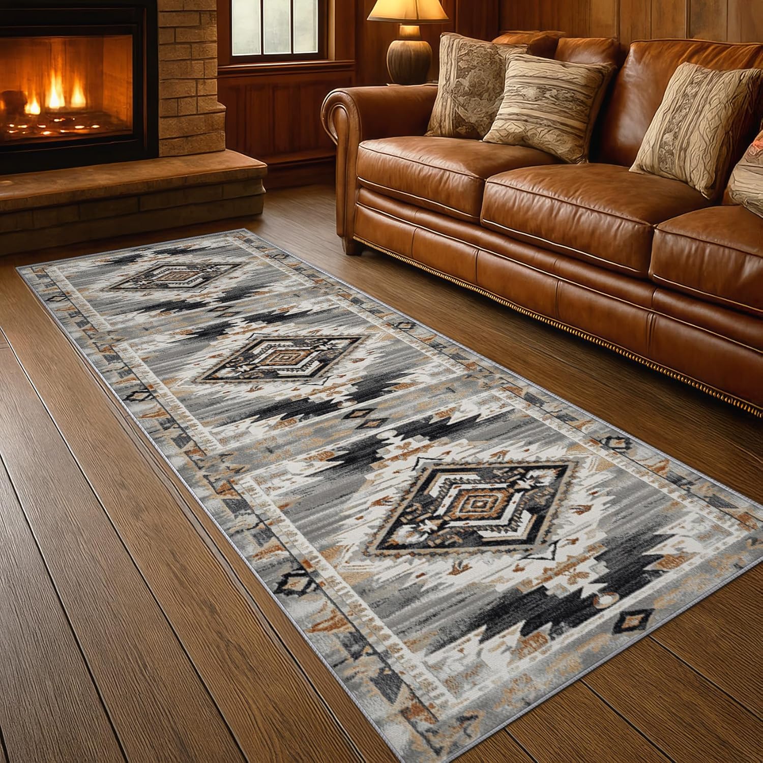 Aztec Runner Rug - 2x6 Runner Rug, Rustic Tribal Rugs for Bedroom, Boho Farmhouse Area Rugs for Entryway, Brown Geometric Carpet Washable Non Slip Kitchen Runners - Western Navajo Home Decor