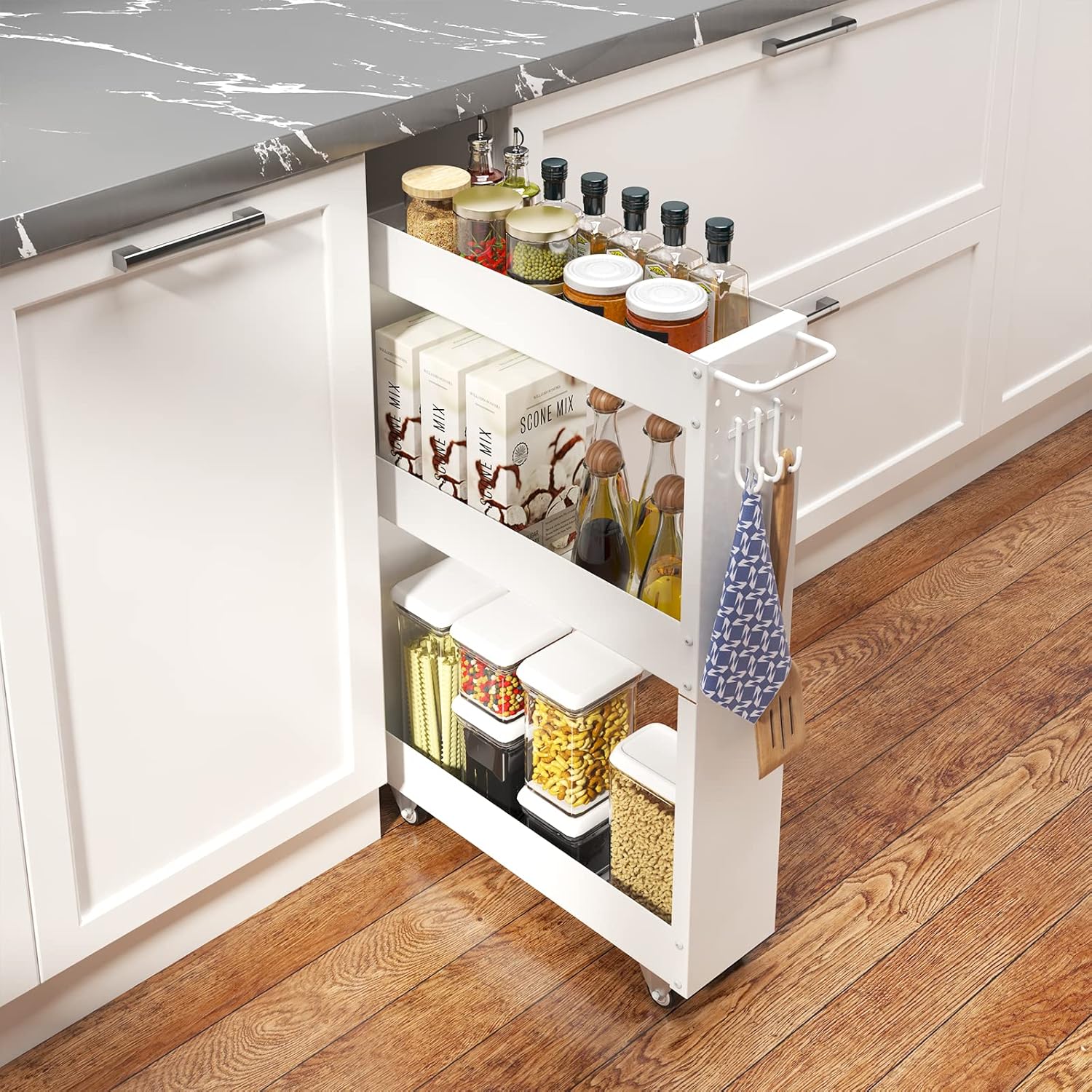 XYZLVSI Slim Storage Cart, 5 in Width, 3Tier White Rolling Cart with Handle for