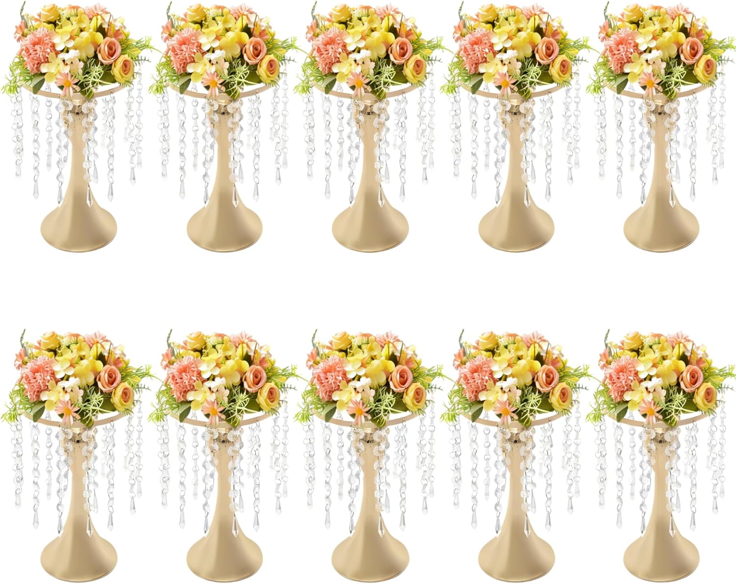 10pcs Vases Wedding Centerpieces Crystal Road Lead Metal Flower Arrangement Stand Flower Vase Holders with Crystal Beads Acrylic Vase Stands for Tables Decorations Party, 10.2inch (Gold-3)
