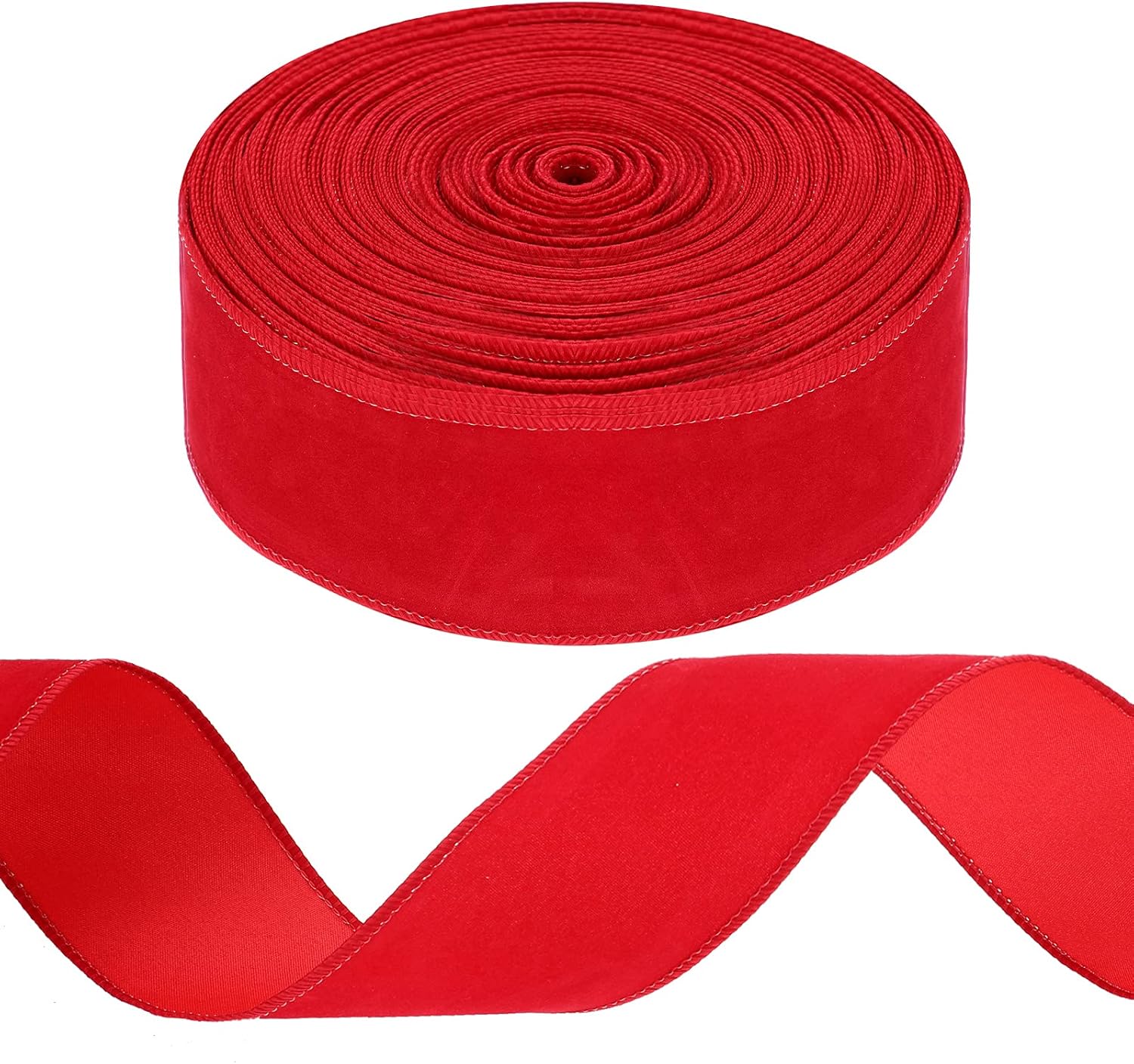 WILLBOND 50 Yards 2.5 Inch Christmas Velvet Wired Ribbon Fabric Decorative Ribbon for DIY Craft Bows Wreath Gift Wrapping Christmas Holiday Wedding Indoor Outdoor(Red)