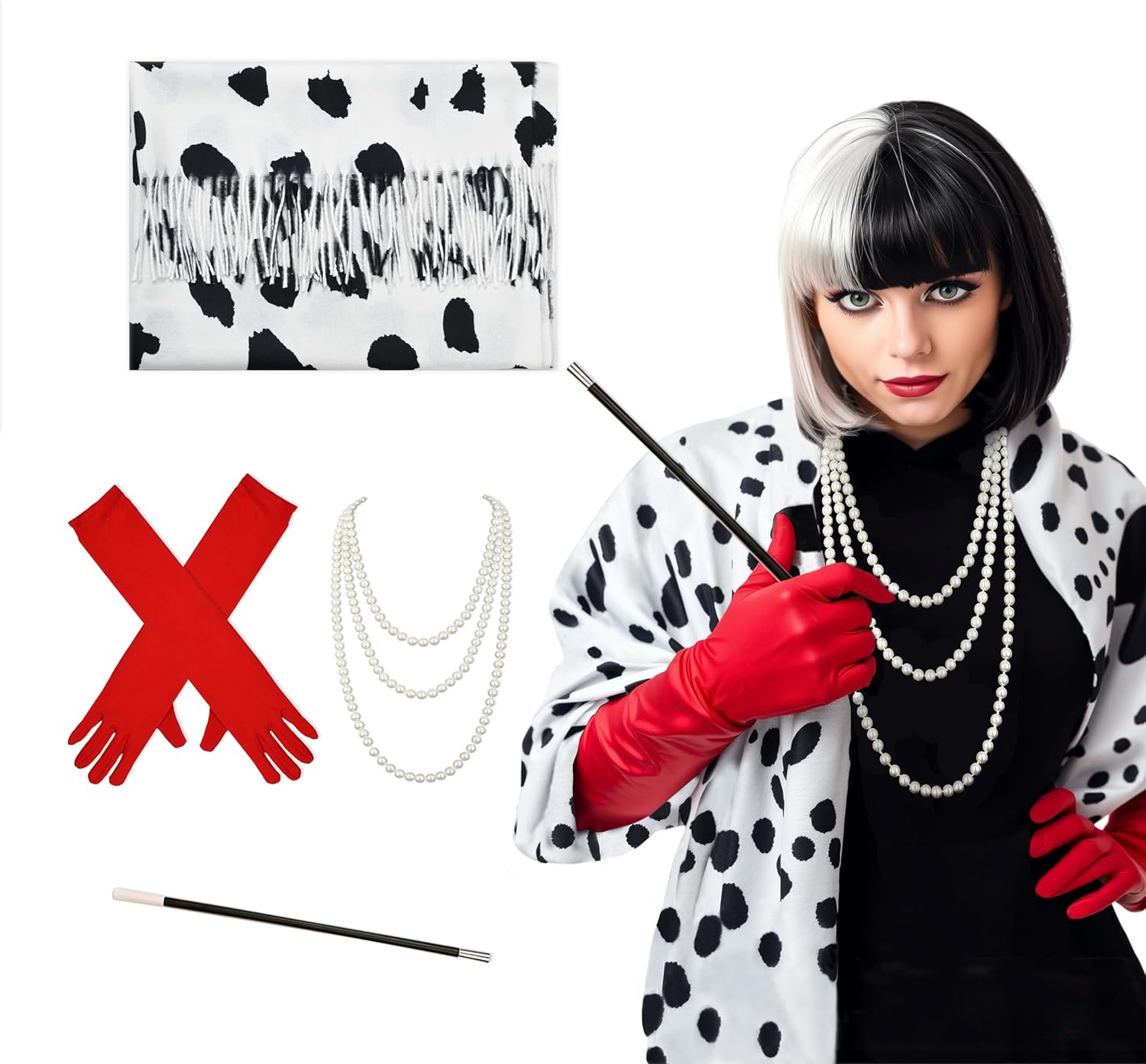 4PCS Halloween Dalmatian Costume for Adults, Women Dalmatian Print Tassel Scarf Black and White Shawl with Long Red Gloves, Necklace, and Holder for 1920s Halloween Costume or Cosplay Party