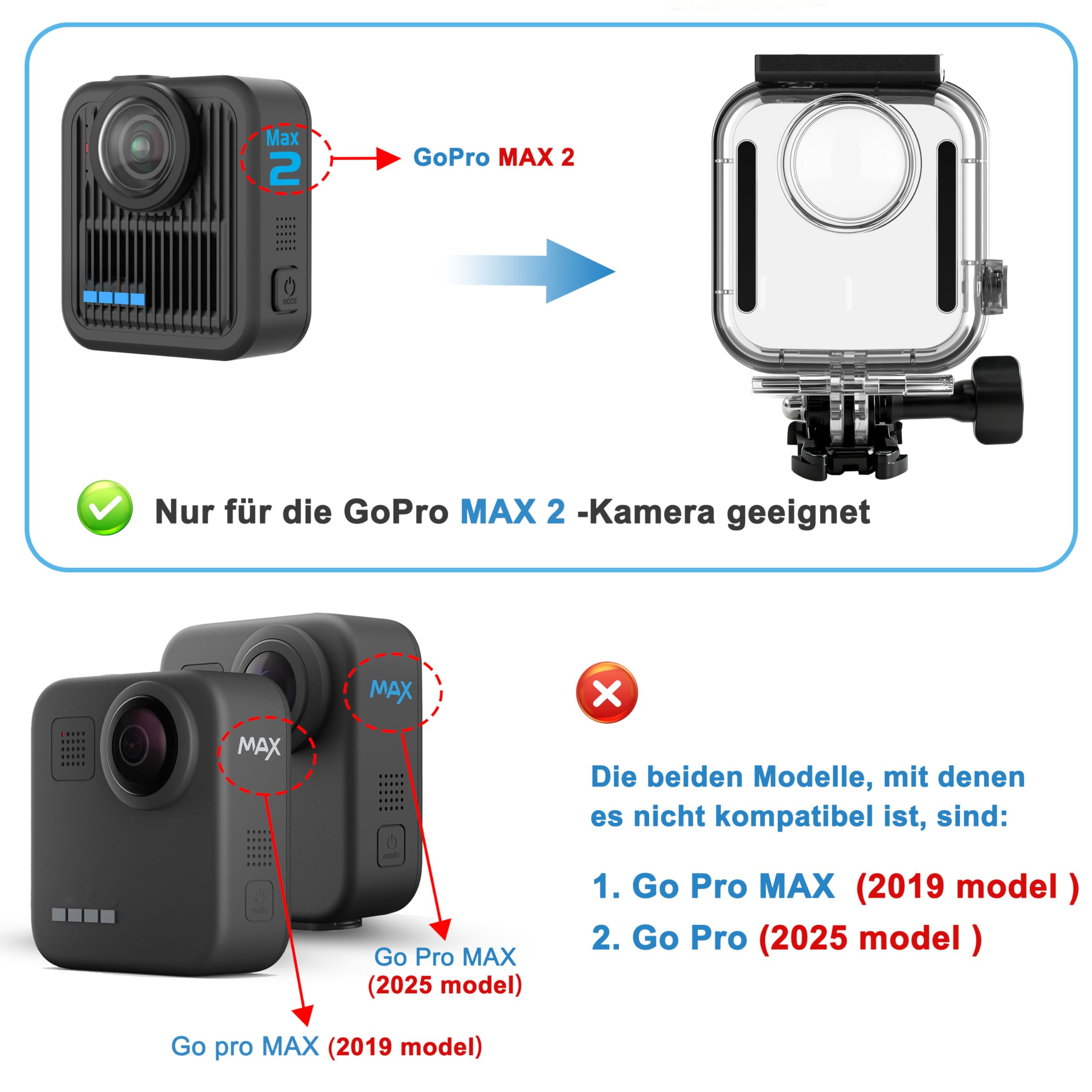 FitStill La funda protectora impermeable de 40 m / 131 pies solo es adecuada para Go Pro Max 2, lente de vidrio óptico a prueba de polvo e impermeable, carcasa sumergible submarina, Max 2 accesorios