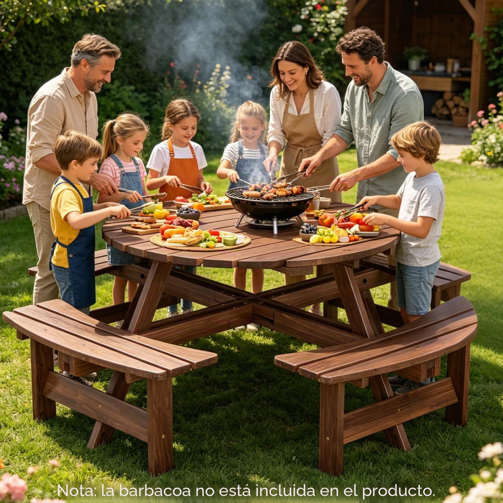 GIANTEX Mesa de Picnic con 4 Bancos para 8 Personas, Mesa de Comedor de Madera de Abeto con Agujero de Sombrilla, 179 x 179 x 70 cm, Juego de Muebles para Patio, Jardín, Terraza (Marrón)