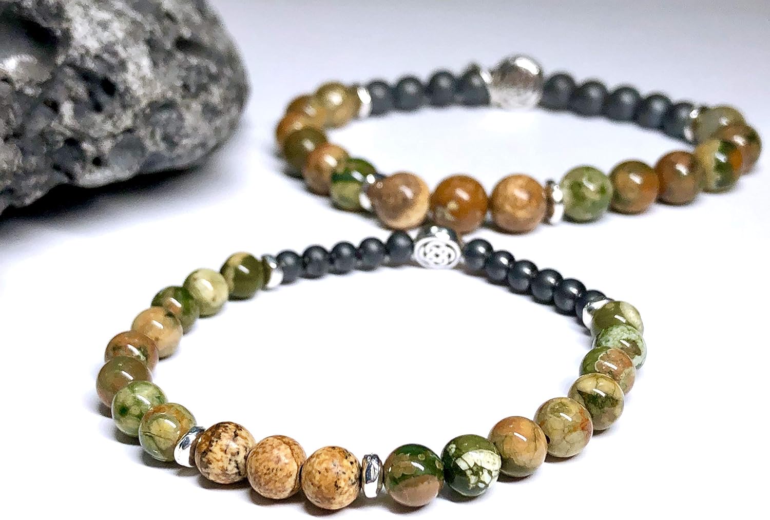 Irish Cliffs of Moher Gemstone Bracelet with Celtic Knot - Custom Sized Bracelet - 6mm or 8mm Bead Size - Optional Shamrock Charm - Couple's Bracelet for Men and Women