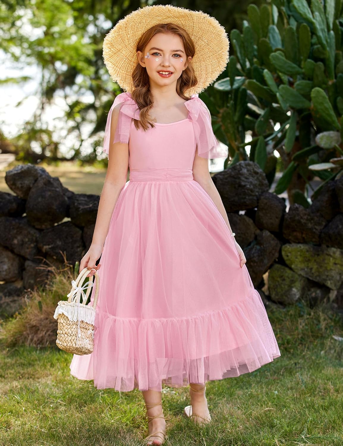 Arshiner Girls Dresses Summer Sleeveless Bow-Tie Straps Birthday Party Long Tulle Dress