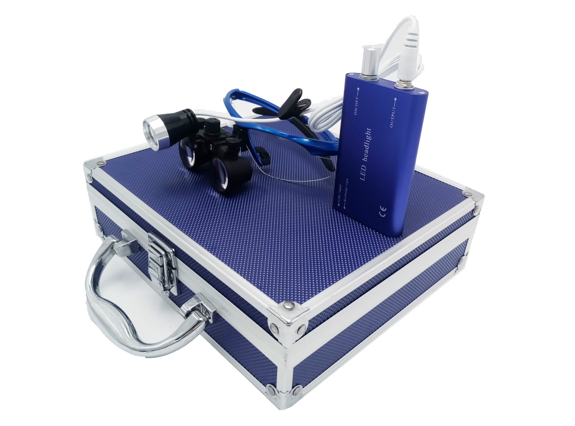 Occhiali binoculari medico-chirurgici portatili con ingrandimento ottico di 2,5 × 420 mm e lampadina frontale a LED 3W; scatola di alluminio inclusa., Blue, 1