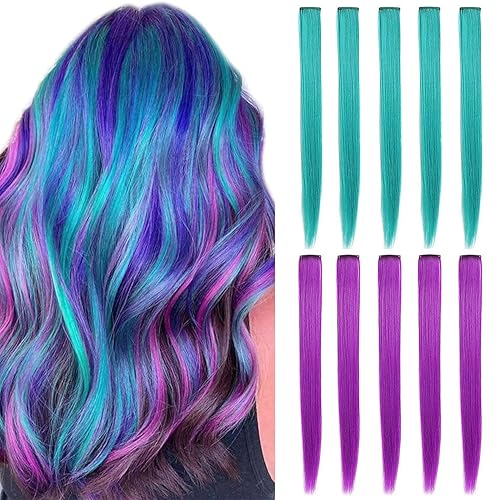Miniatura 6 de ECOCHARMS 21 pulgadas 16 piezas de cabello morado y verde azulado con reflejos de fiesta de princesa extensiones de cabello de colores para niñas y