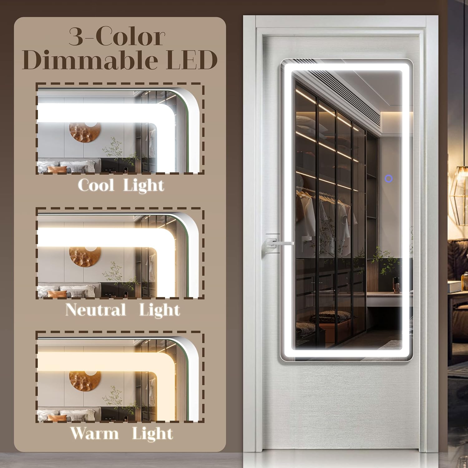 FENNIO Full Length Mirror with Lights - 40"X18" LED Over The Door Full Body Mirror, Light Up Wall Mirror with 3 Color Modes & Dimming, Long Mirror for Bedroom, Living Room