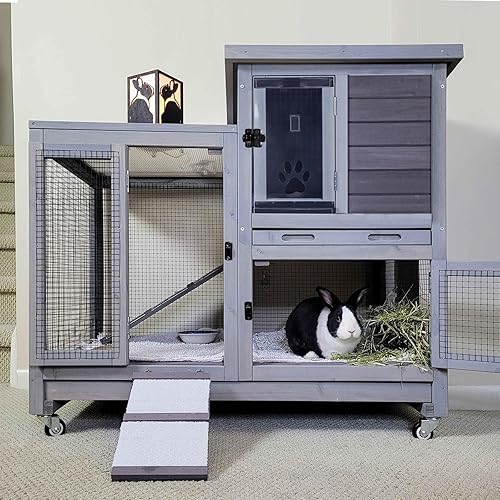 Rabbit Hutch - Jaula de conejo para interiores, gran conejera para exteriores con ruedas, red de alambre extraíble que incluye