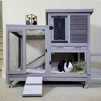 Rabbit Hutch Indoor Rabbit Cage, Large Bunny Hutch Outdoor with Wheels-Removable Wire Netting Include