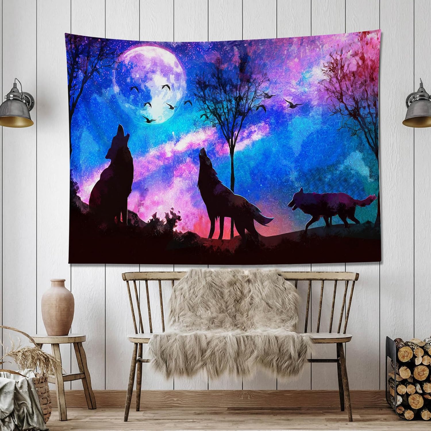 HVEST Wolf Tapestry Purple Blue Psychedelic Starry Sky Tapestries Moon and Mountains Natural Landscape Wall Hanging Blanket for Bedroom Living Room Teen Dorm Indie Decor Poster,60x40 Inches