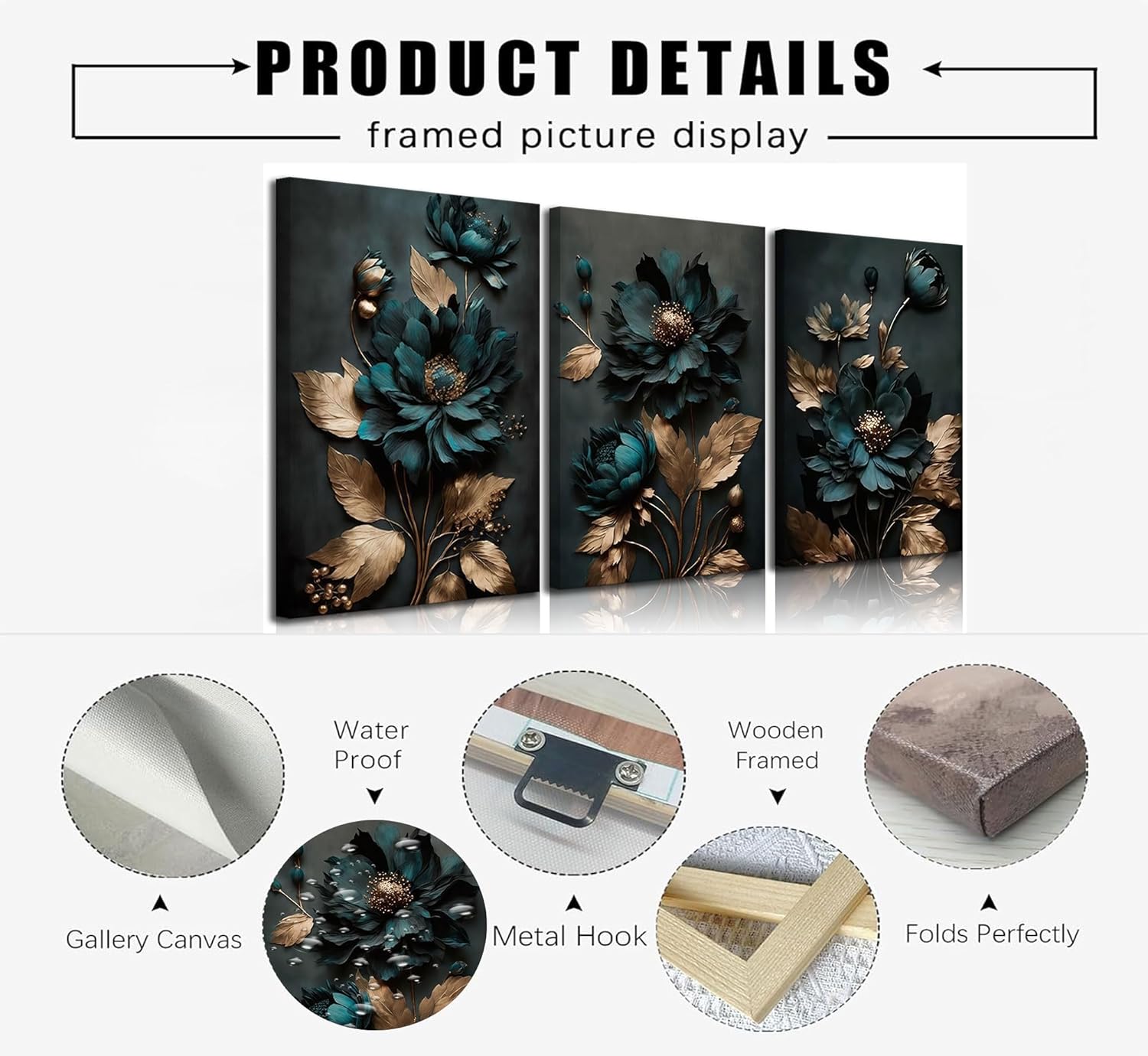 3pcs Dark Green And Gold Flower Canvas Wall Art Elegant Bloom Flowers Pictures Wall Decor Modern Abstract Plant Posters Prints Paintings for Living Room Bedroom Bathroom Decoration - Image 7