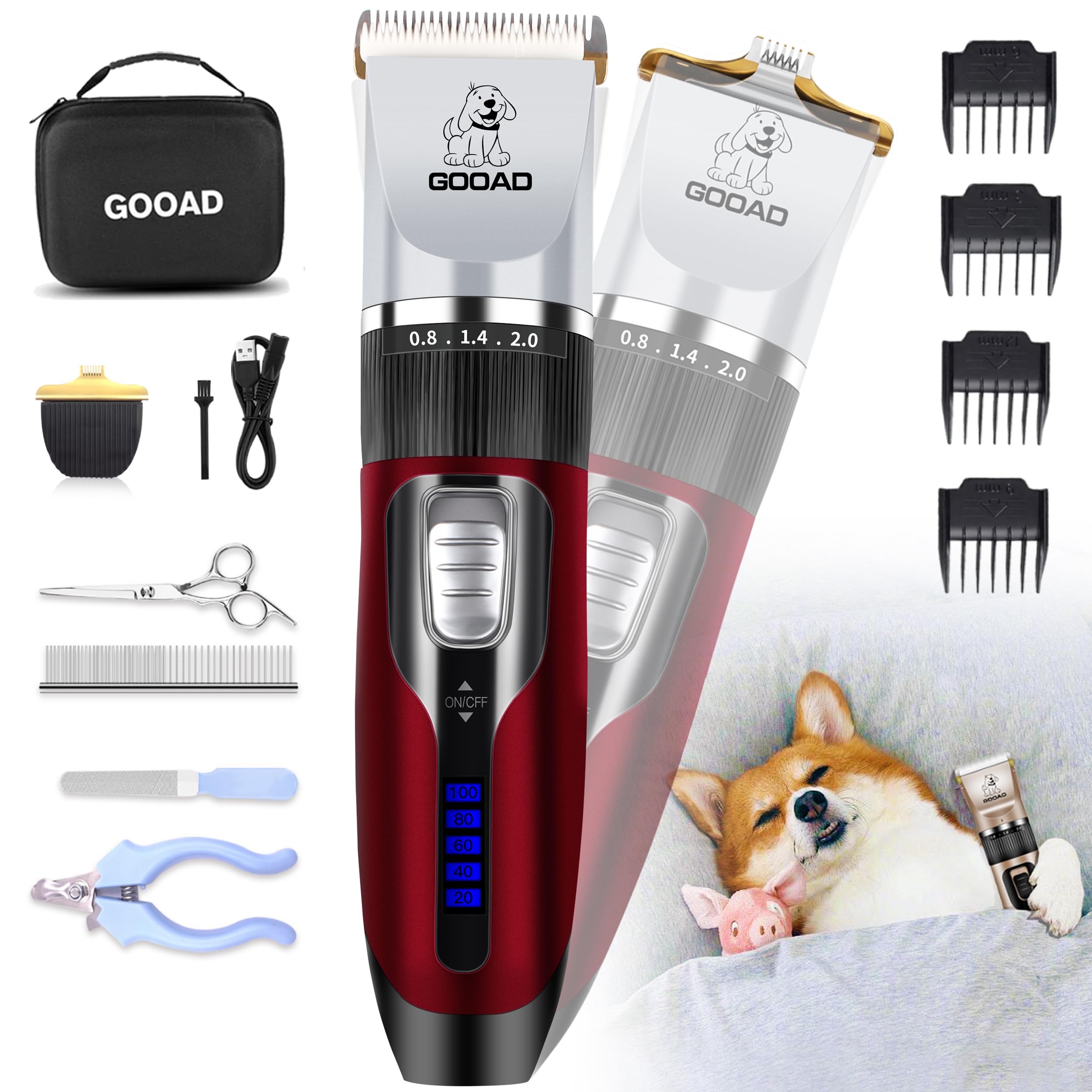 Dog Clippers Grooming Kit and Paw Trimmer,Cordless,Low Noise, Electric Quiet,Rechargeable, Dog Trimmer Grooming, Pet Hair Clippers for Thick Coats,Shaver for Small and Large Dogs Cats(Red)