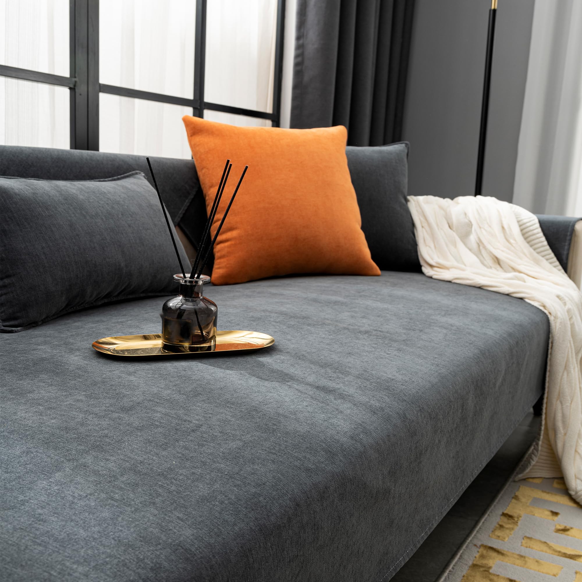 Sofabezug Chenille - Rutschfester Überwurf Für U- & L-Form Sofas