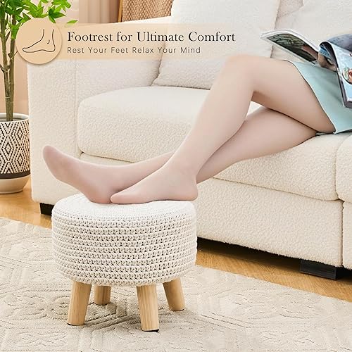 Miniatura 5 de Taburete otomano bohemio de algodón tejido redondo puf otomano con patas de madera antideslizantes, asiento acolchado para sala de estar, color
