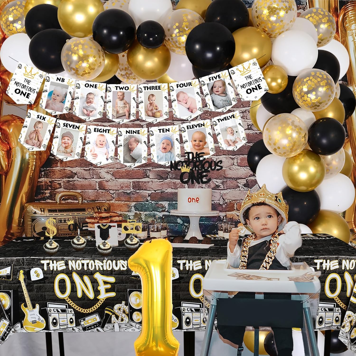 Notorious One Birthday Decorations, Notorious One Birthday Balloon Arch with Backdrop, Month Photo Banner Notorious One Tablecloth Cake Cupcake Toppers, Microphone Number 1 Crown Balloon for Boys