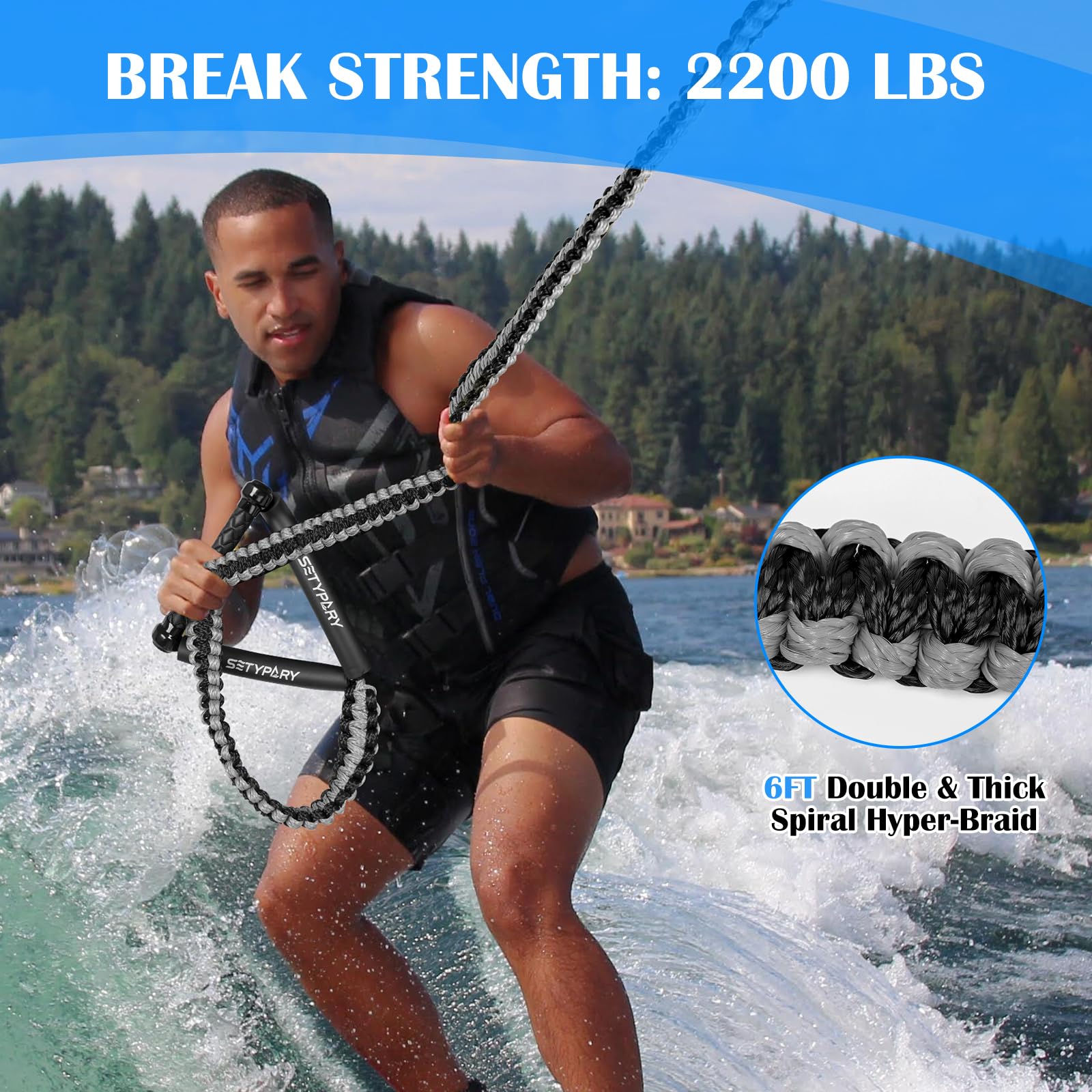 SETYPARY 25ft Wakesurf Rope and Handle, Floating Wake Surf Ropes, 6 Section Removeable Surf Tow Rope (Grey & Black)