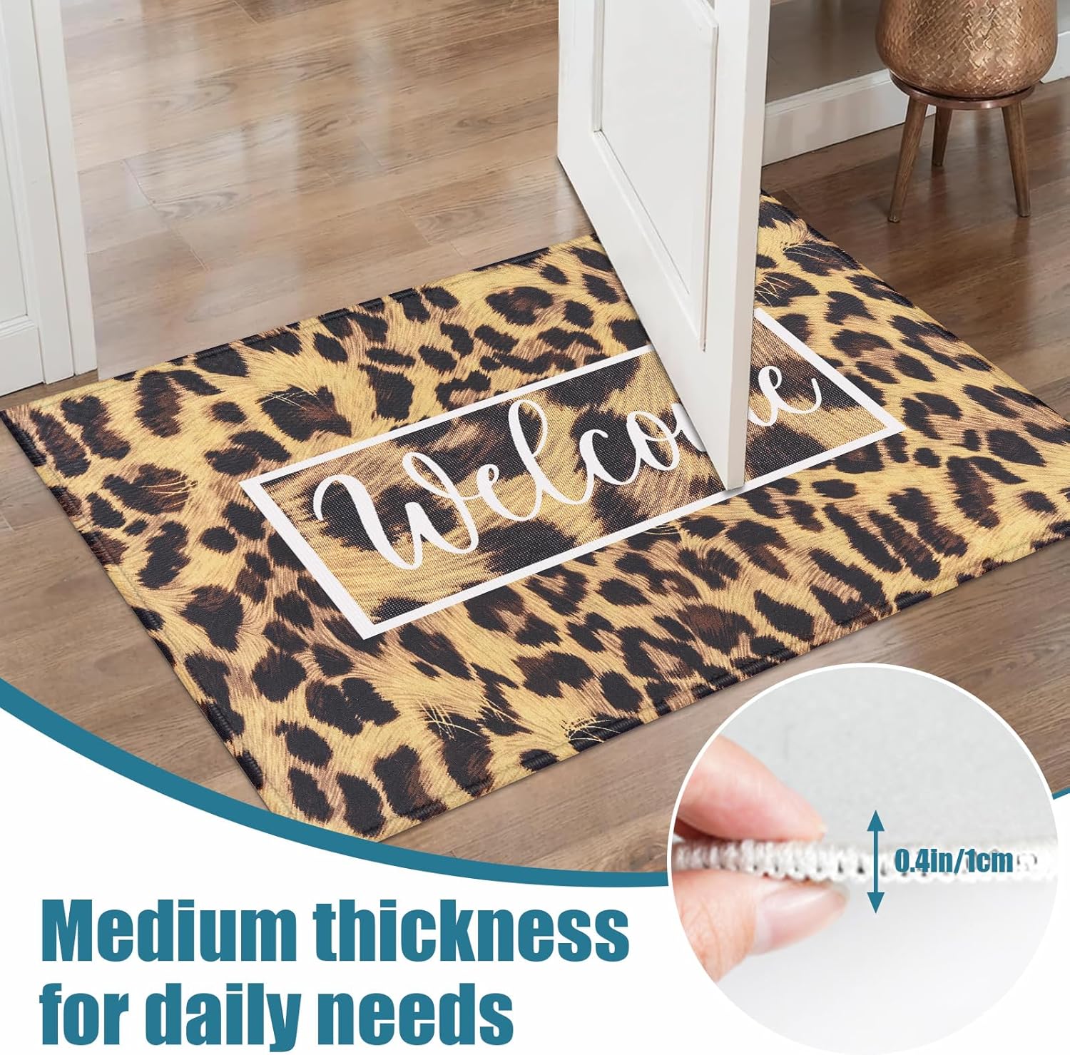 Brown Leopard Welcome Indoor Door Mat, Outdoor Entrance Doormat for Entryway Kitchen Bathroom 17 X 29 Inch