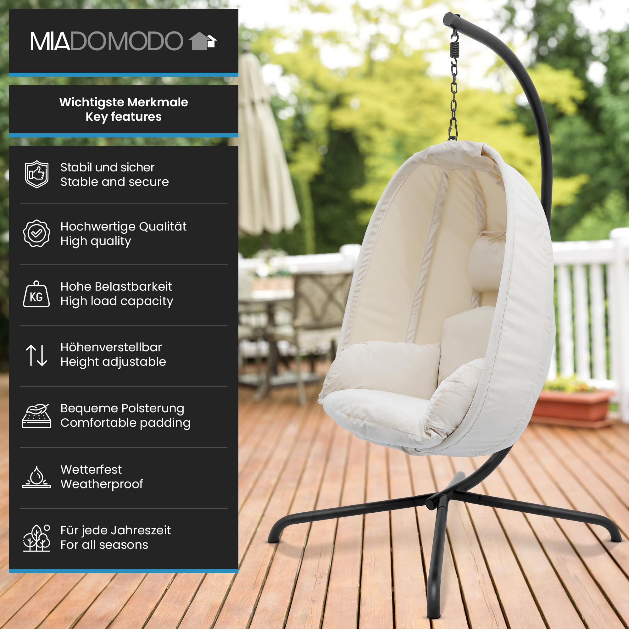 MIADOMODO® Fotel wiszący - ze stojakiem i poduszką, regulowana wysokość, żelazna rama, maks. obciążenie 160 kg - huśtawka wisząca kosz, wewnątrz/na zewnątrz, ogród, taras (Beżowy)