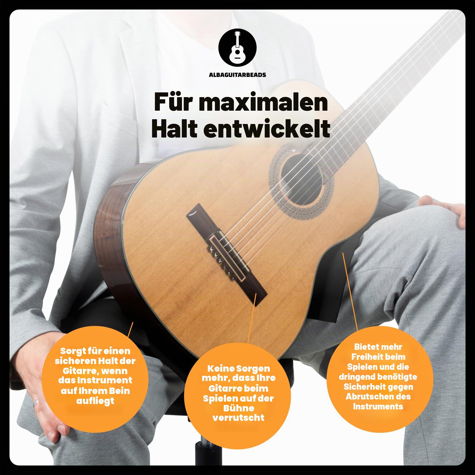 Alba GB rutschfester Neopren-Gurt für klassische Gitarre, Größe groß, schwarz, rutschfest für klassische Gitarristen und für Flamenco-Gitarristen