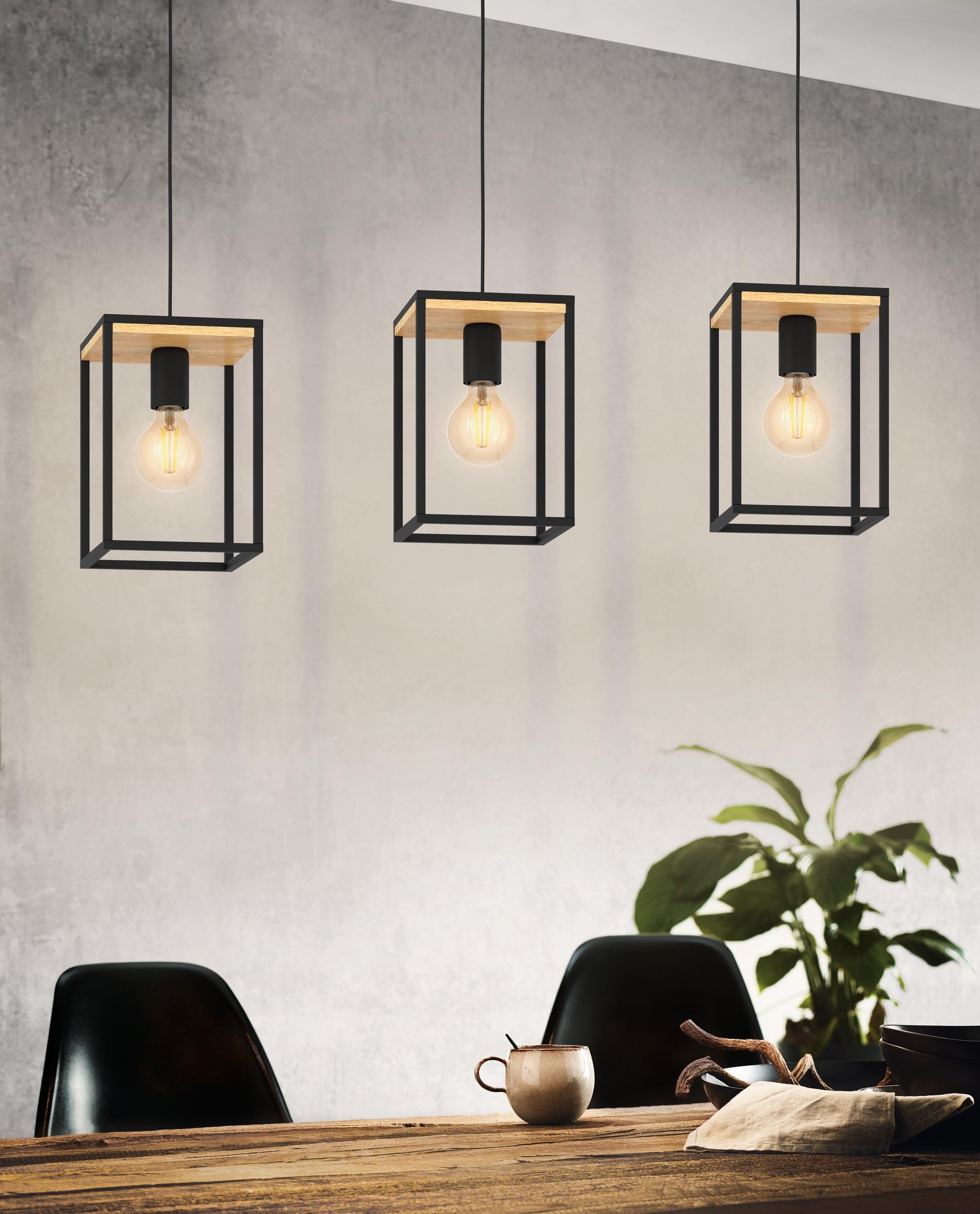 Eglo lampada a sospensione Libertad, luce a sospensione con 3 luci da sala | da pranzo, metallo nero e legno naturale, lampada a sospensione su tavolo, attacco E27