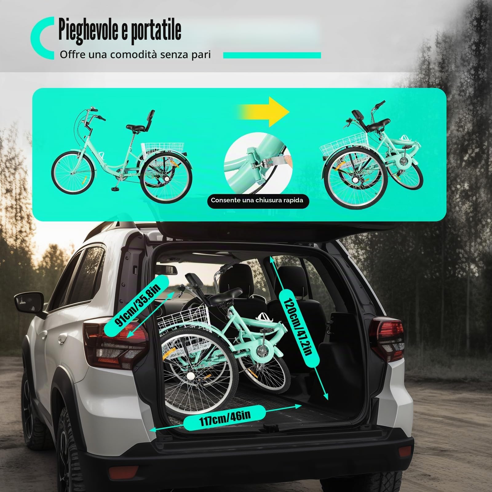 24" triciclo per adulti, triciciclo a 3 ruote, 7 marce con luce a LED, cestino per verdure e portabicchiere, triciclo pieghevole, bicicletta pieghevole, mobilità per lo shopping, city bike.