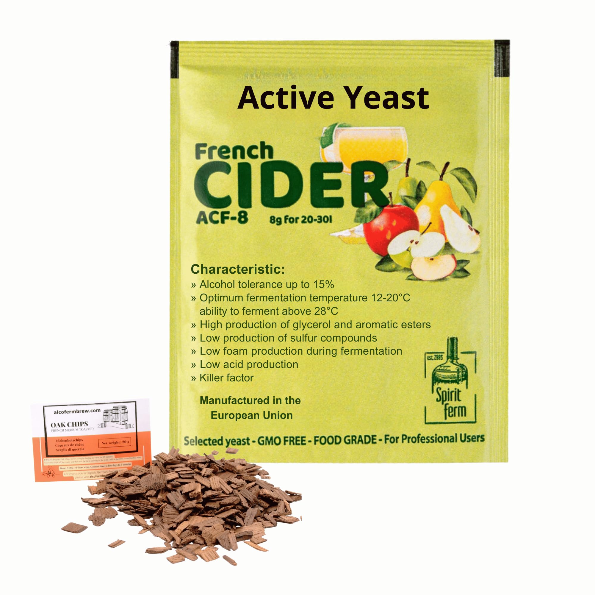 5 x Lievito di Sidro Francese 8g/25L + Trucioli di Quercia Francese 20g - Lievito per la Fermentazione del Sidro, Lievito per Mele e Pere, Lievito di Vino