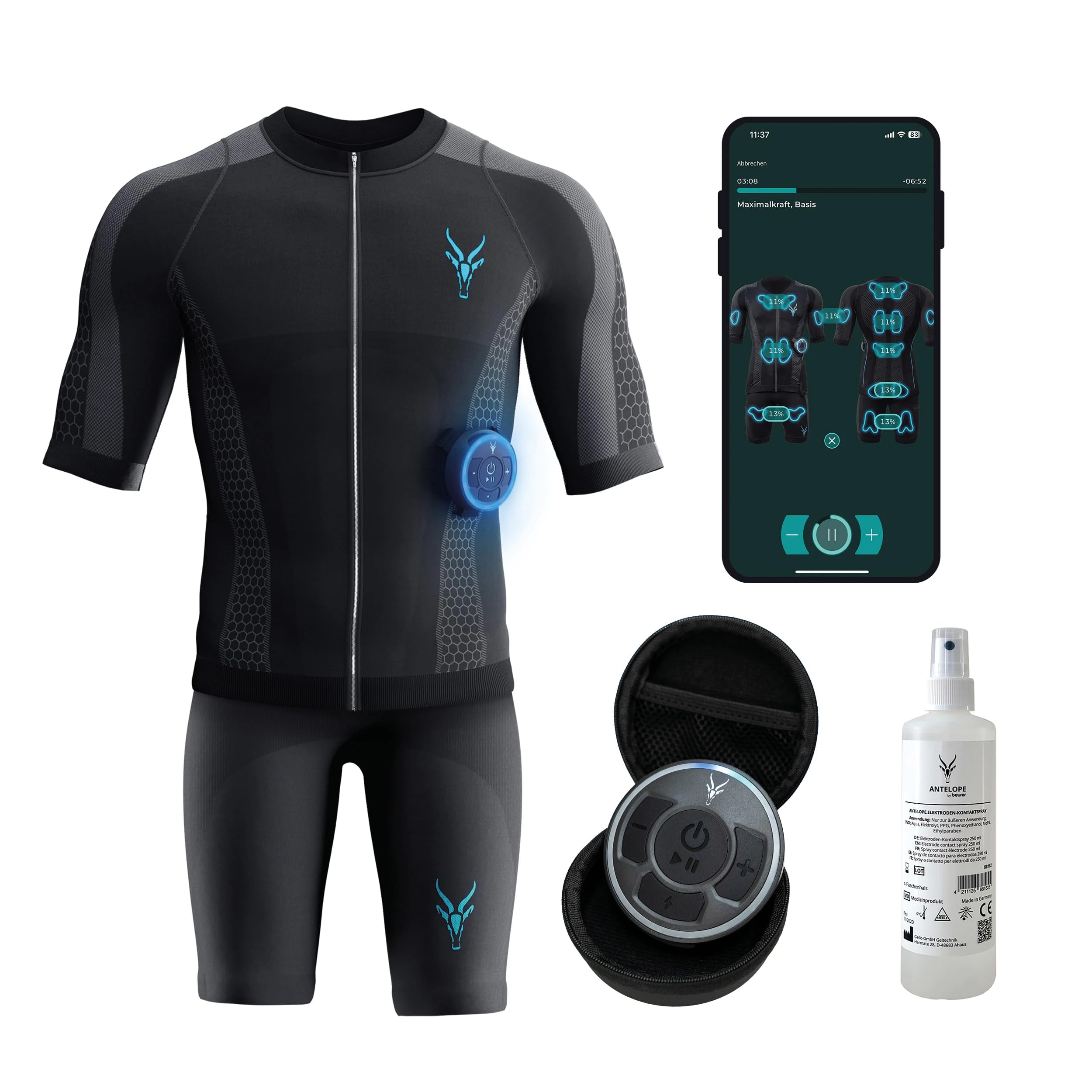 Antelope Evolution Herren EMS Anzug Größe S-XXL - EMS Komplettsystem für effektives Ganzkörpertraining, Fitnessgerät für Zuhause oder im Studio, Heimtrainer, unterstützt beim Abnehmen und Muskelaufbau