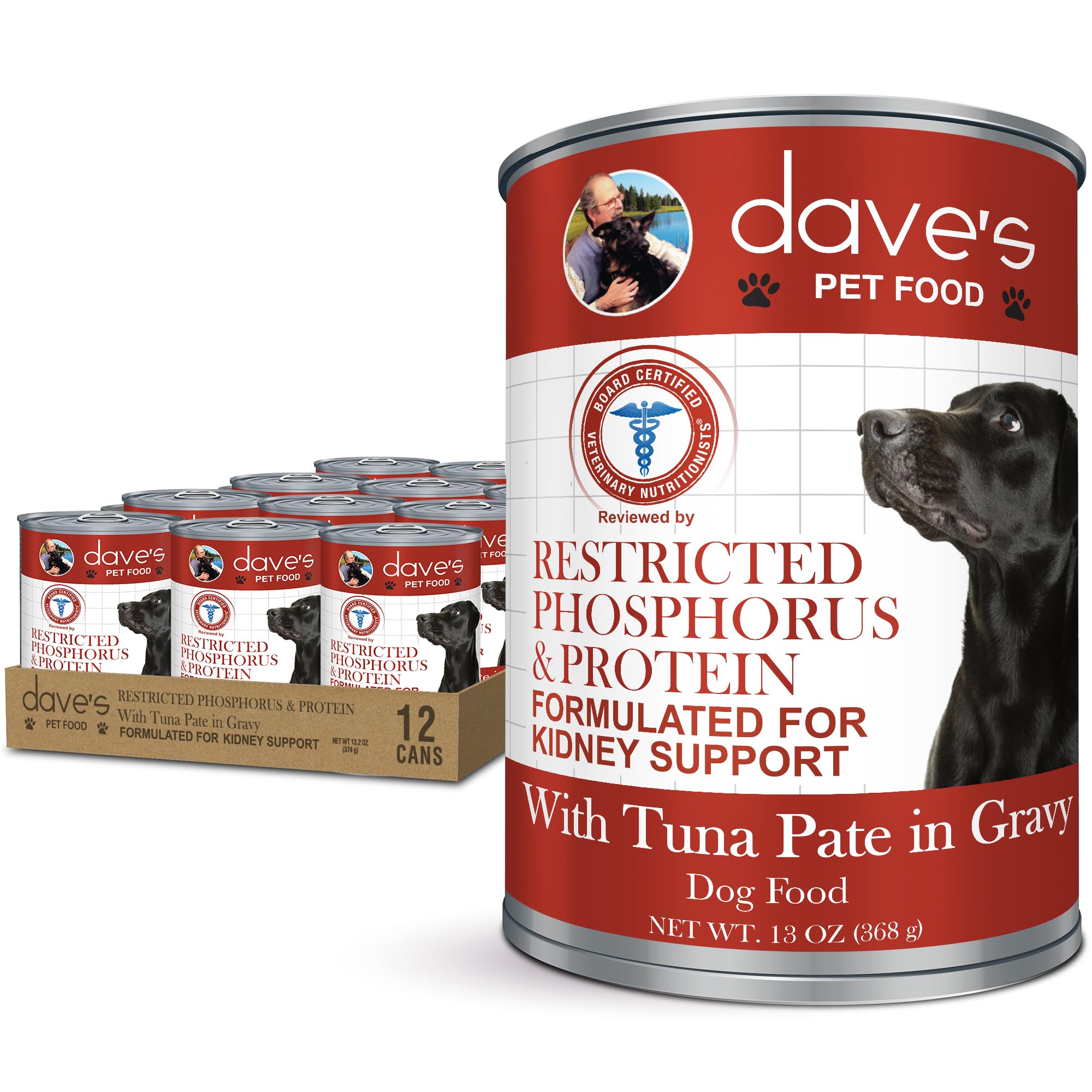 Dave's Pet Food Kidney Support for Dogs (Tuna Pate), Non-Prescription Low Phosphorus, Low Sodium, Canned Wet Dog Food, Renal Kidney Care, Vet Formulated, 13.2 oz (12 Pack)