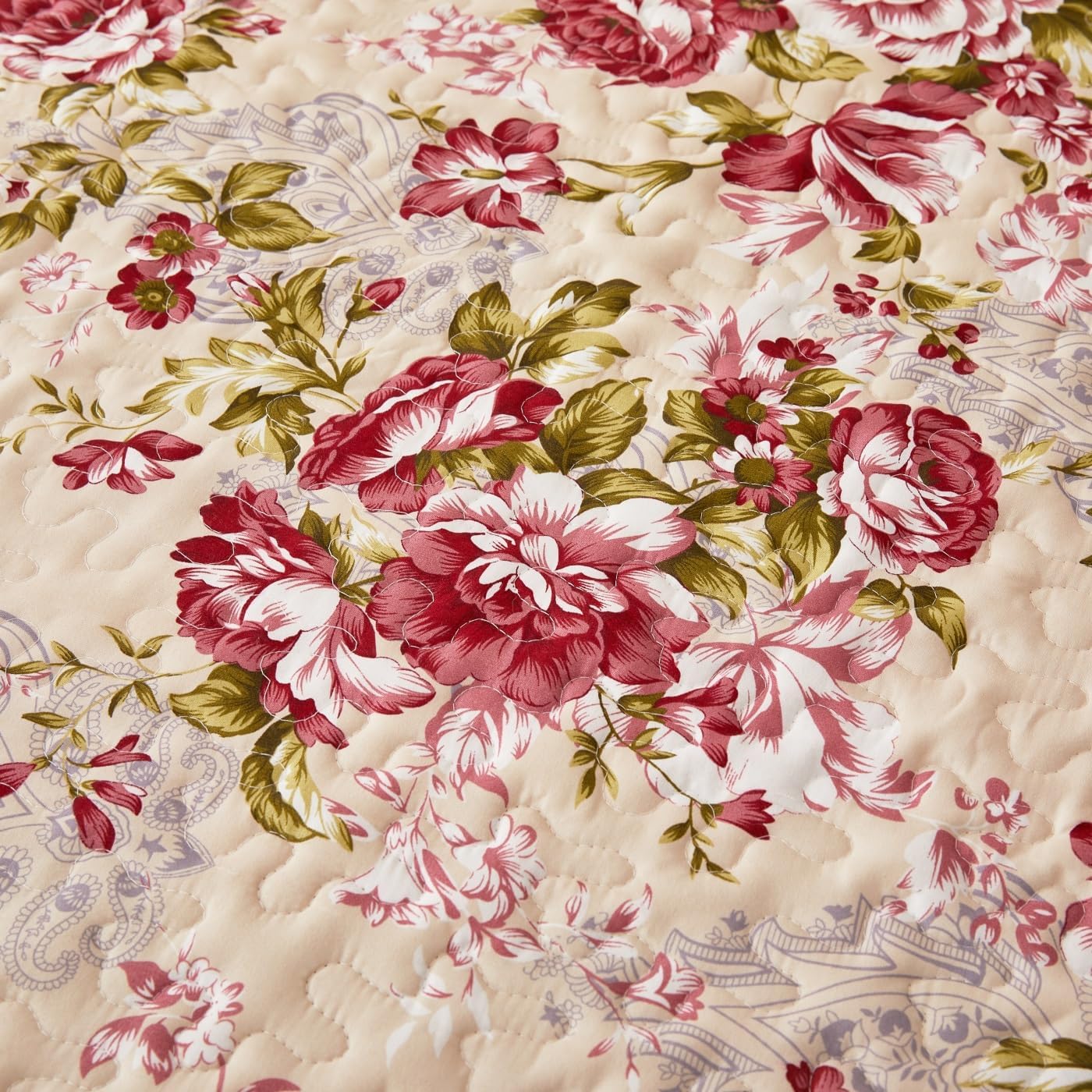 Cmfshape Summer Floral Queen Quilted Bedspread,Romantic Red Quilt Set,Reversible Stitched Bedding Cover All Season,Soft Lightweight Coverlet with Pillow Cases (Red Rose, Queen(90"x90")) - Image 4