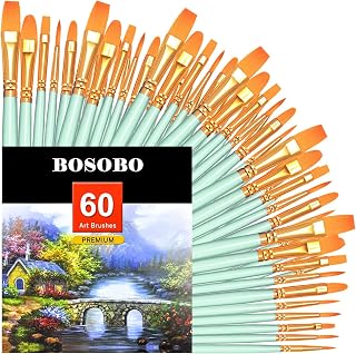BOSOBO Paint Brushes Set, 6 Pack 60 Pcs Round Pointed Tip Paintbrushes Nylon Hair Artist Acrylic Paint Brushes for Acrylic Oil Watercolor, Face Nail Art, Miniature Detailing & Rock Painting, Green