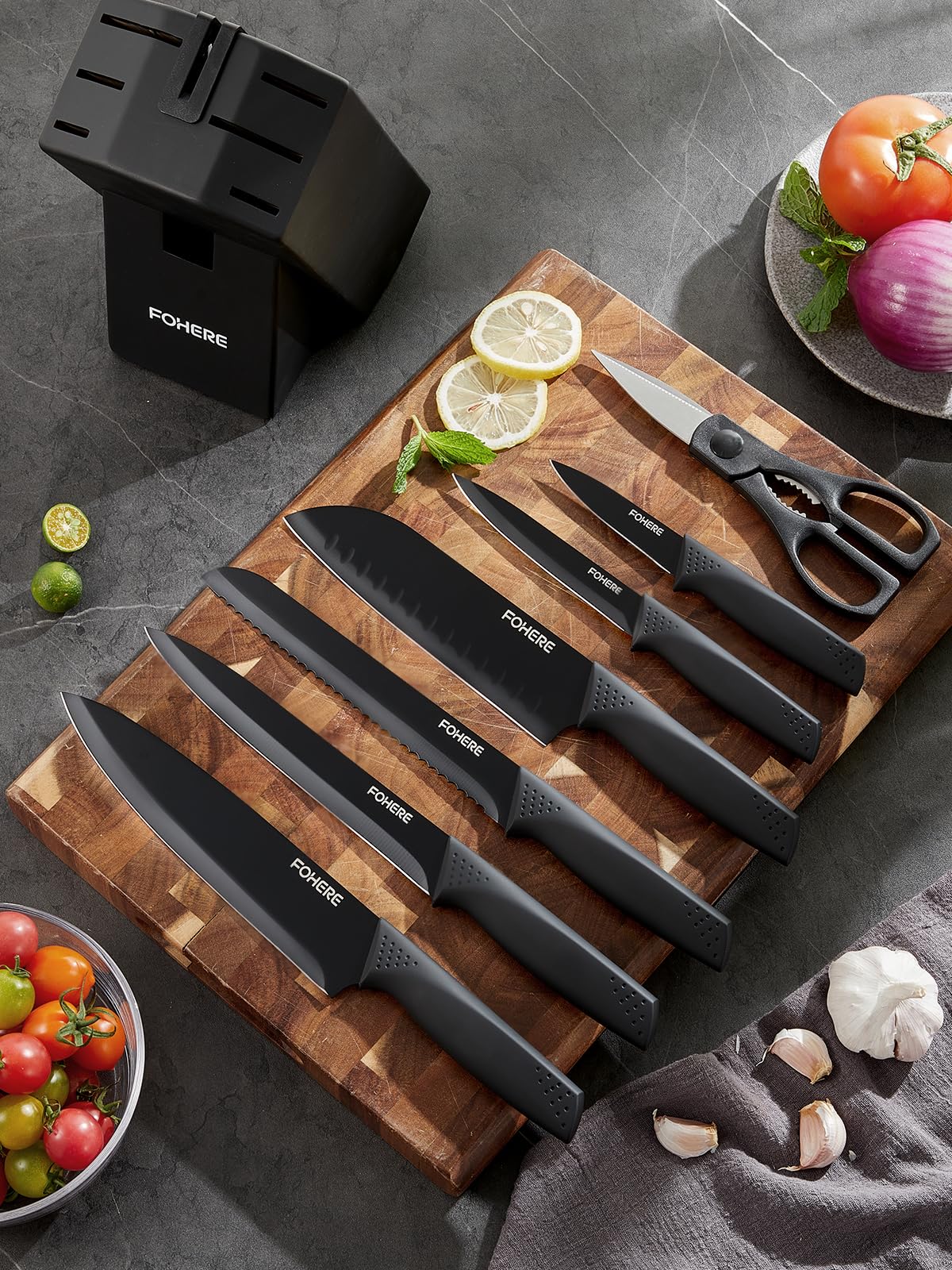 Juego de Cuchillos de Cocina con Bloque FOHERE 8 Piezas Bloque de Cuchillos con Afilador Integrado Acero Inoxidable Cuchillos Cocina Profesional, Negro