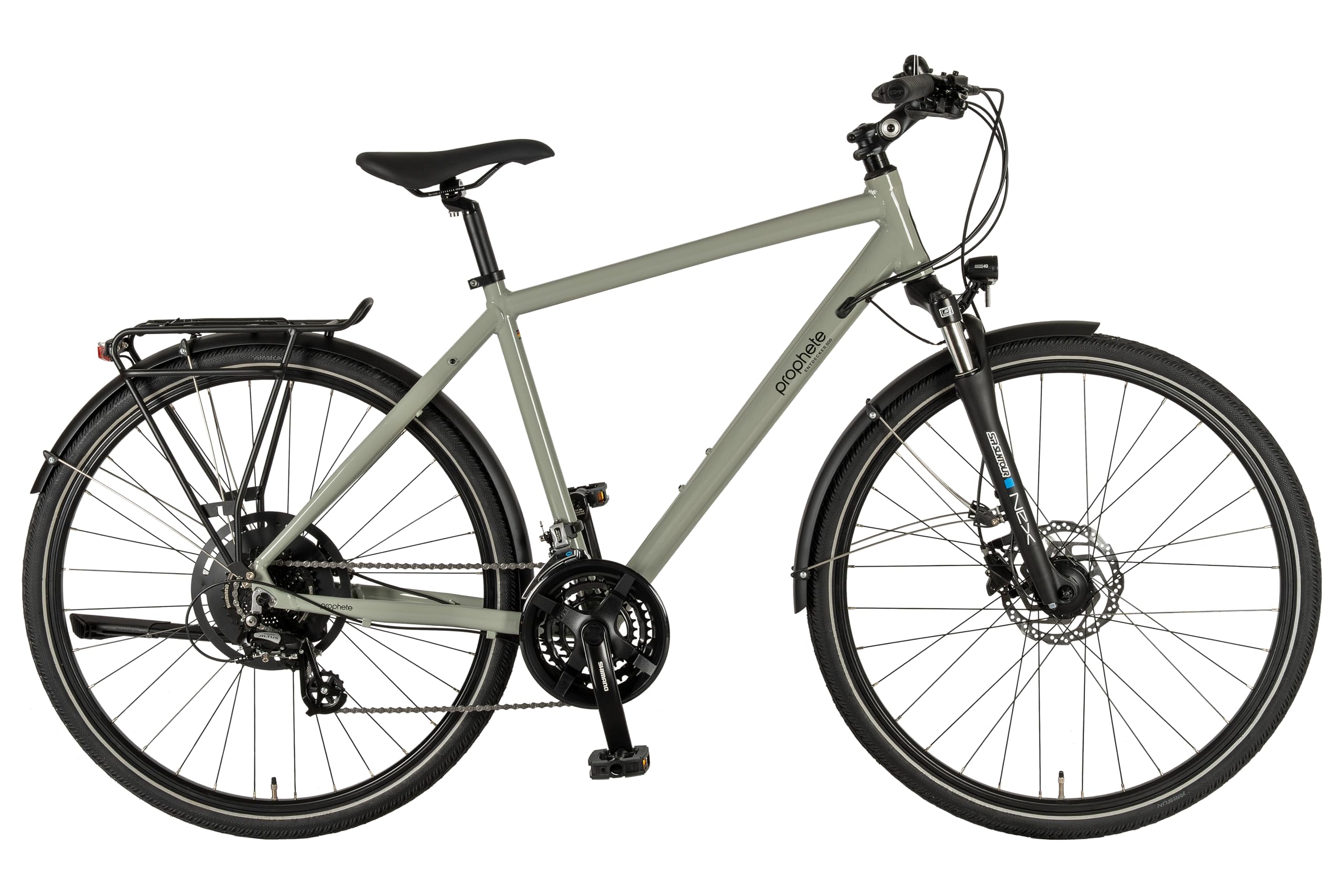 PROPHETE ENTDECKER 500 28 Zoll Trekkingbike mit Altus 24 Gang Kettenschaltung hydraulischen MT200 Scheibenbremsen 40 Lux LED Beleuchtung Alu Suntour NEX Federgabel grau