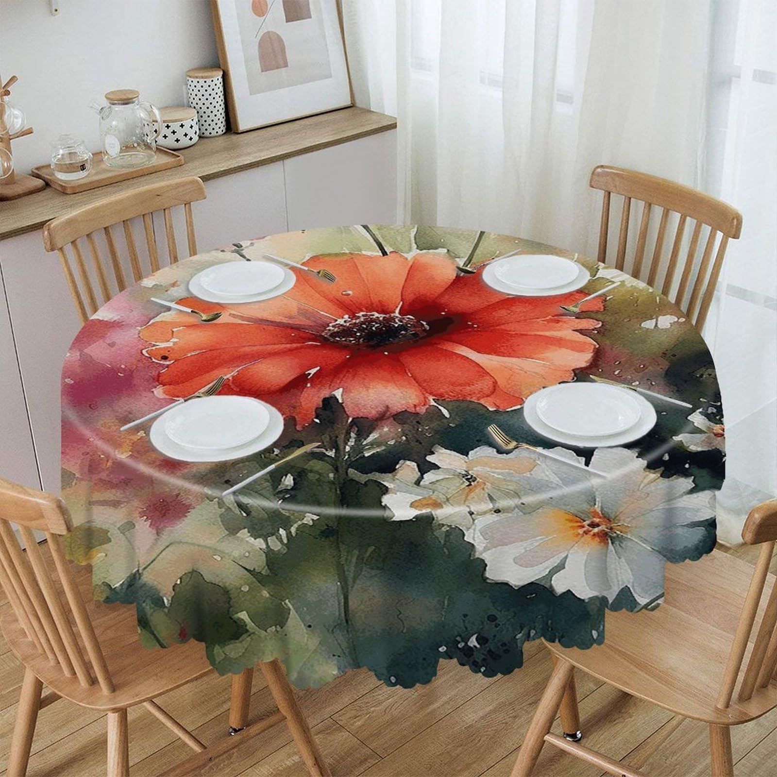 LZQPOEAS Watercolor Painting Round Tablecloth Rustic Circle Table Cloth Wrinkle Resistant Decor Tablecloth Waterproof Washable Table Cover for Kitchen Party Dining Table 60 Inch