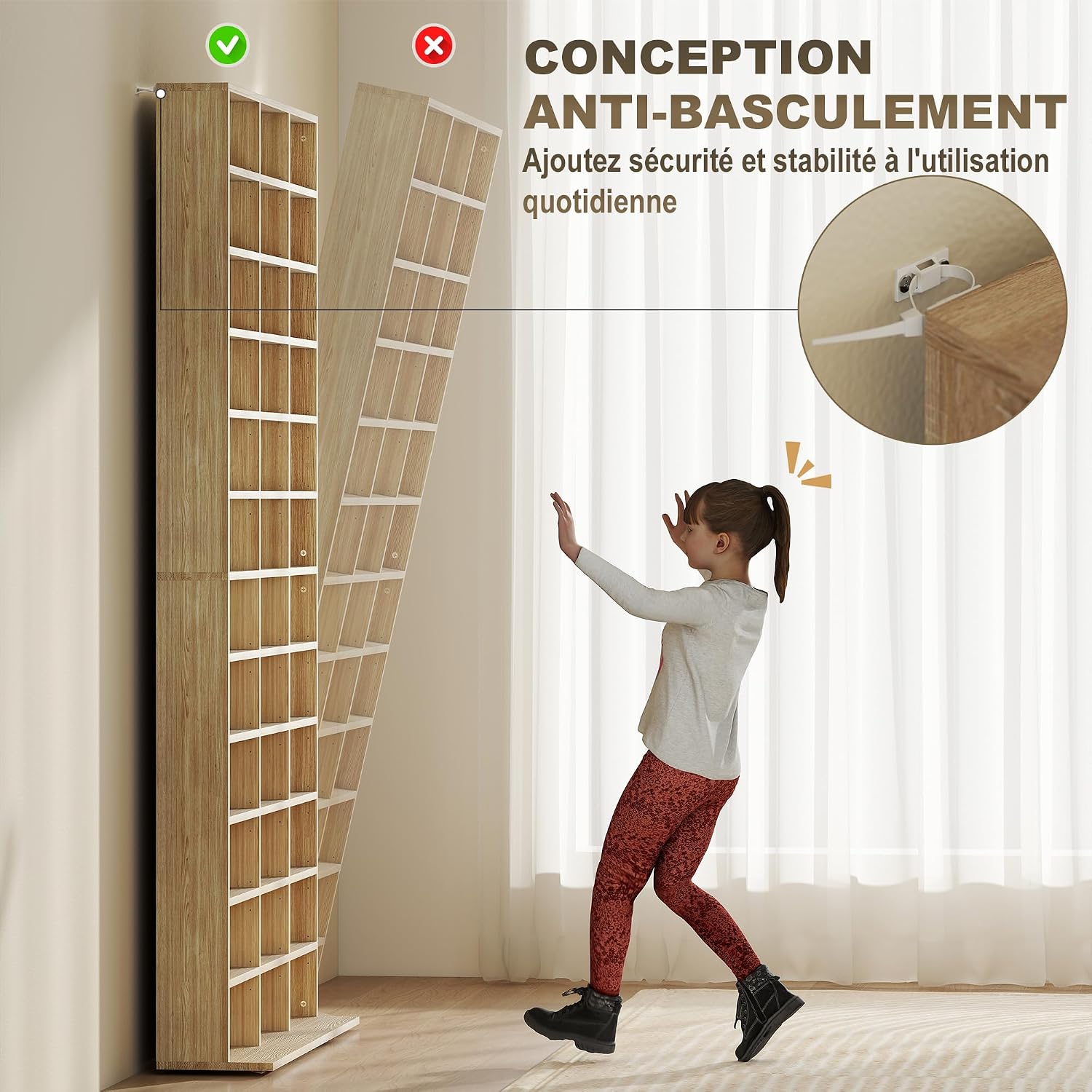 Diagram showing the anti-tipping mechanism and a child near a tipping shelf, emphasizing safety