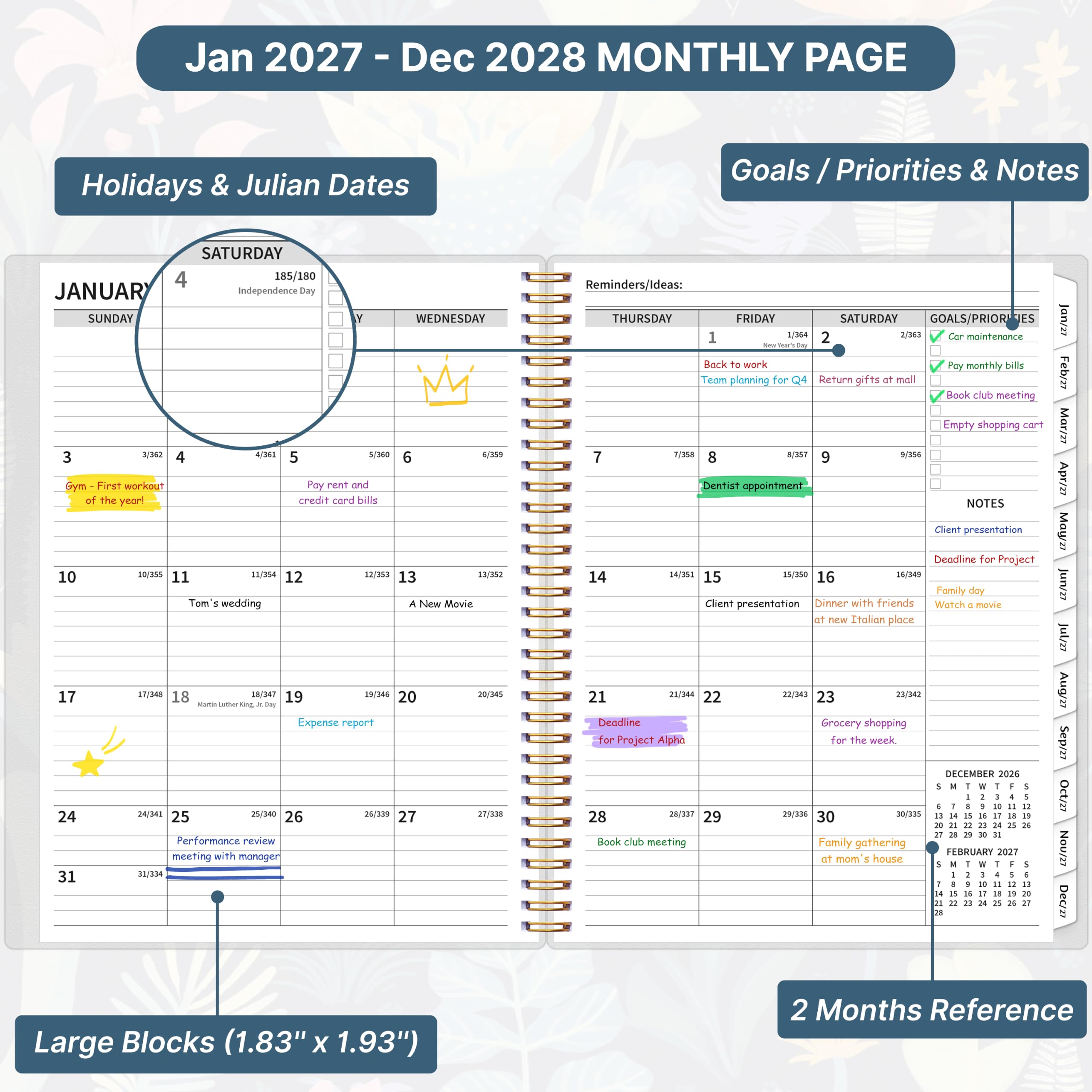 Agenda mensual 2027-2028, calendario de 2 años, enero de 2027 a diciembre de 2028, 8.5 x 11 pulgadas, agenda grande en espiral, 24 meses, con pestañas y bolsillo, cubierta flexible, organizador para