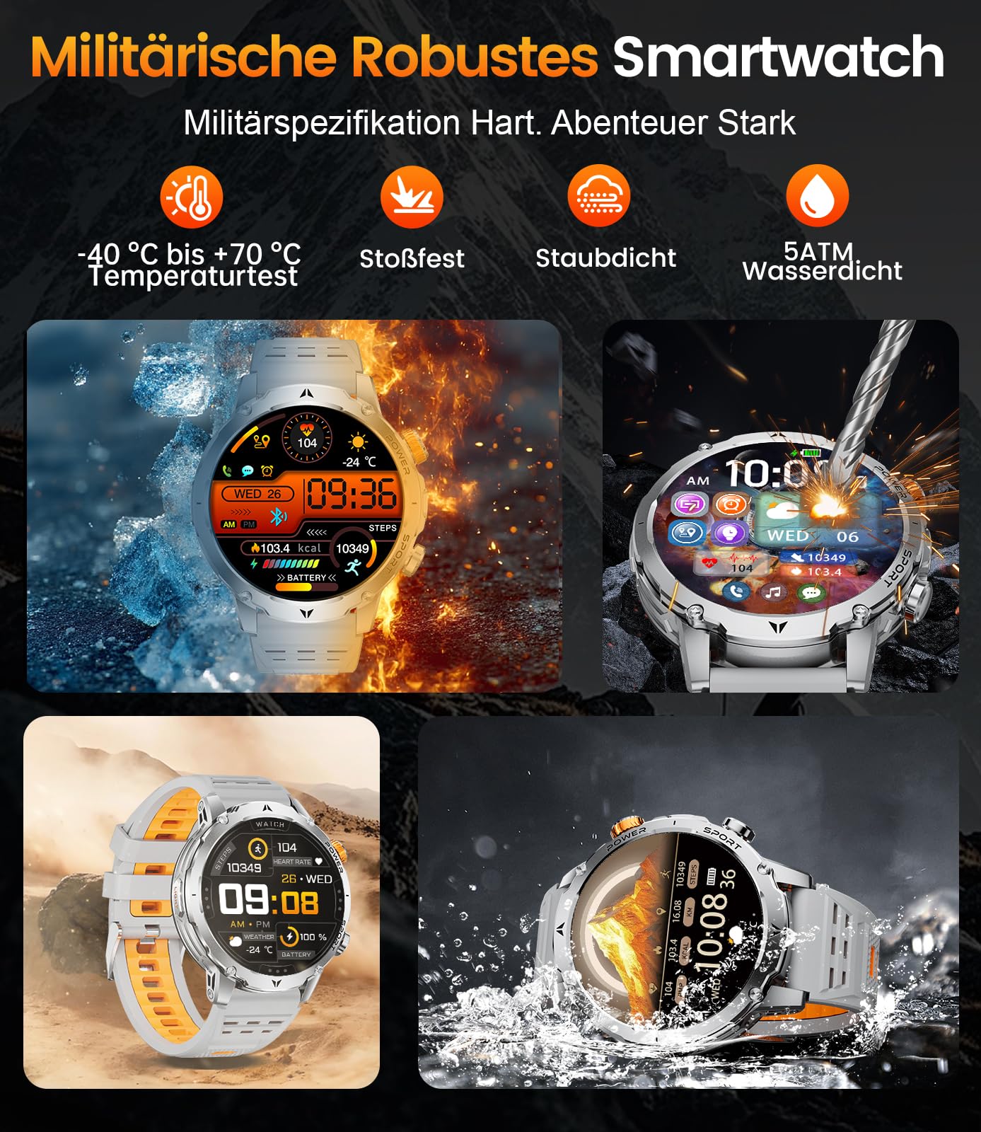 LIGE Smartwatch Herren 1000mAh Großer Akku, LED Taschenlampe Fitnessuhr mit Telefonfunktion, 1,7” Sportuhr mit 110+ Sportmodi, Herz-/Schlaftracking für iOS/Android,2 Ladegeräte,3 Armbändern,EF24-D