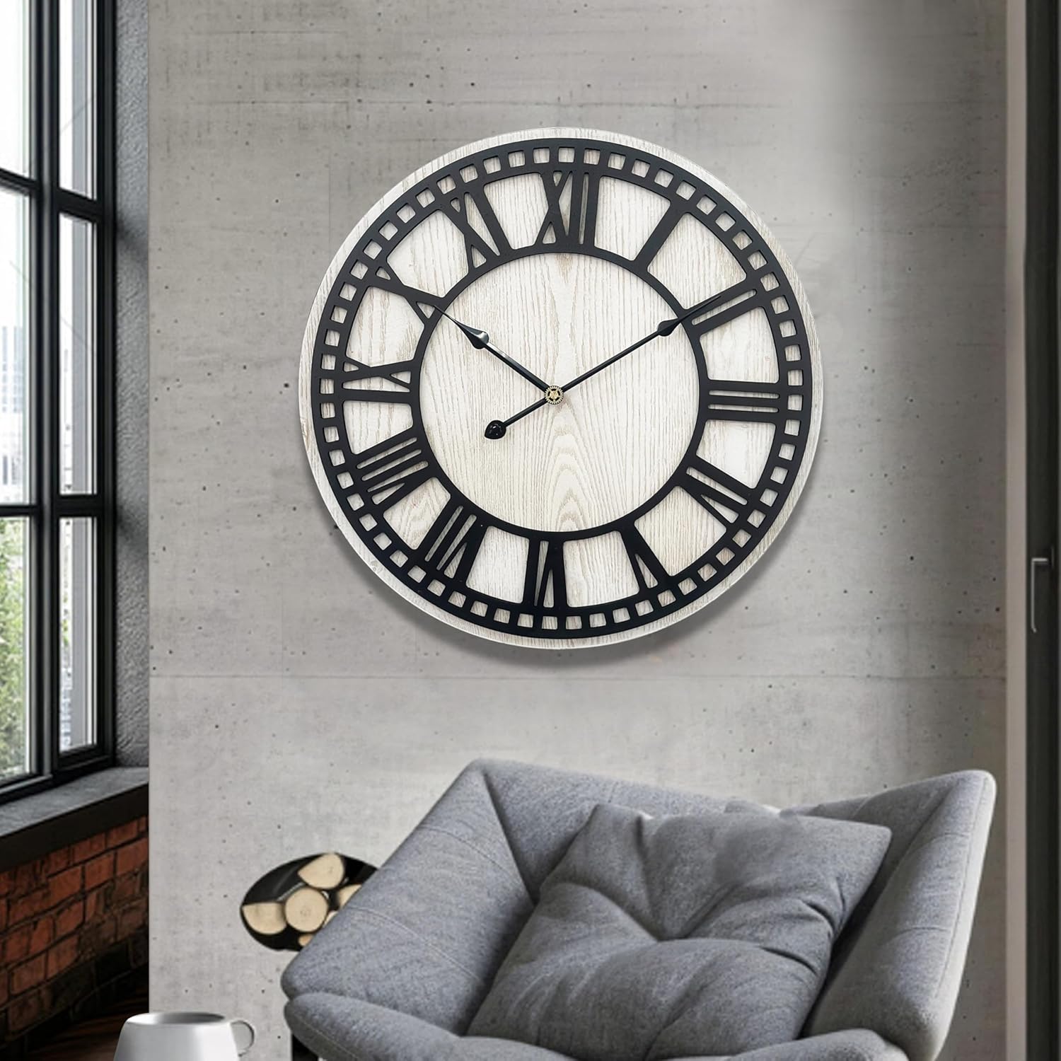 Wooden Large Wall Clocks, Silent Non-Ticking Farmhouse Wall Clock for Living Room Decor with 3D Roman Numerals for Home, Office, Entryway 17.7x17.7Inch White1
