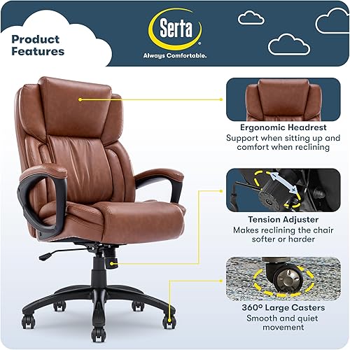 Miniatura 26 de Serta Silla de computadora ergonómica ajustable para oficina ejecutiva con almohadas corporales en capas, borde de asiento de cascada, cuero Blanco