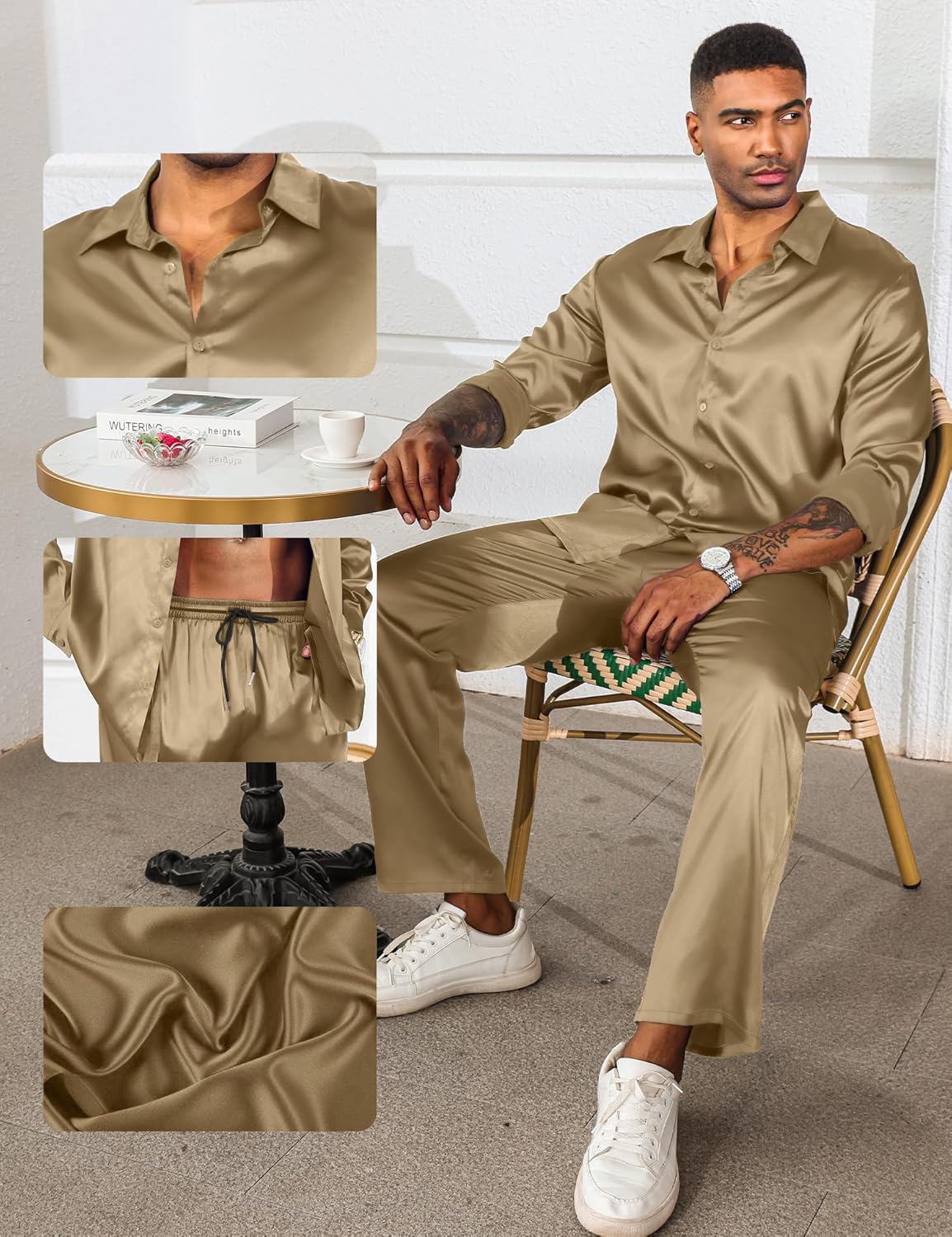 LecGee Men's Satin 2 Piece Outfits Lapel Long Sleeve Button Down Tops Jogger Pants Sets With Pocket Prom Club Party