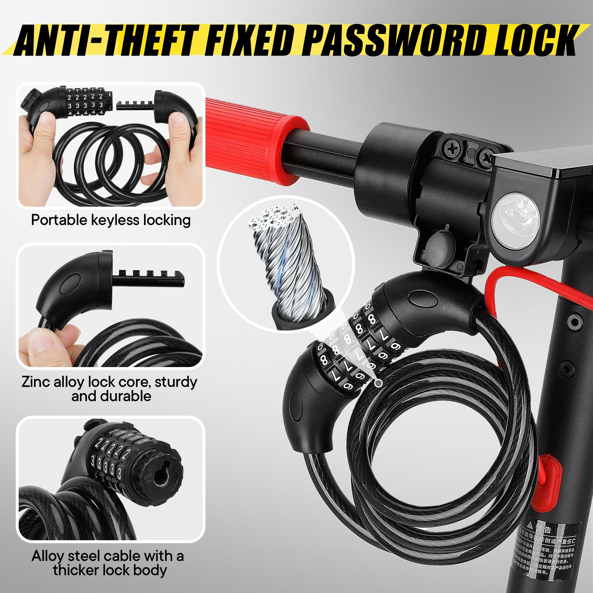 Lucchetto per Monopattino Elettrico，Lucchetto a Combinazione per Bici，Lucchetto Antifurto für Scooter Elettrico，E-Bike，Motorrad，Con 3L Borsa Impermeabile，Porta Cellulare，16 cm Lunga Valvola