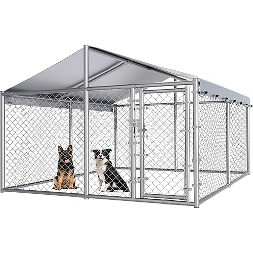10x10ft Extra Large Dog Kennel Outdoor, Heavy-Duty Outside Dog Kennel with Roof, Security Latch-Lock Door, Chain-Link Dog Enclosure Dog Run for Yard with Cover