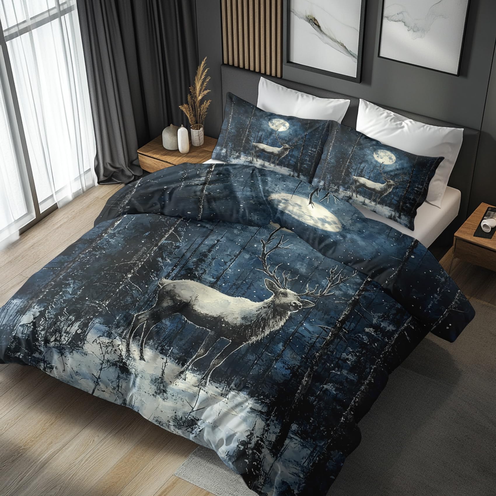 Housse de couette 220x240 cerf parure de lit animaux lune forêt