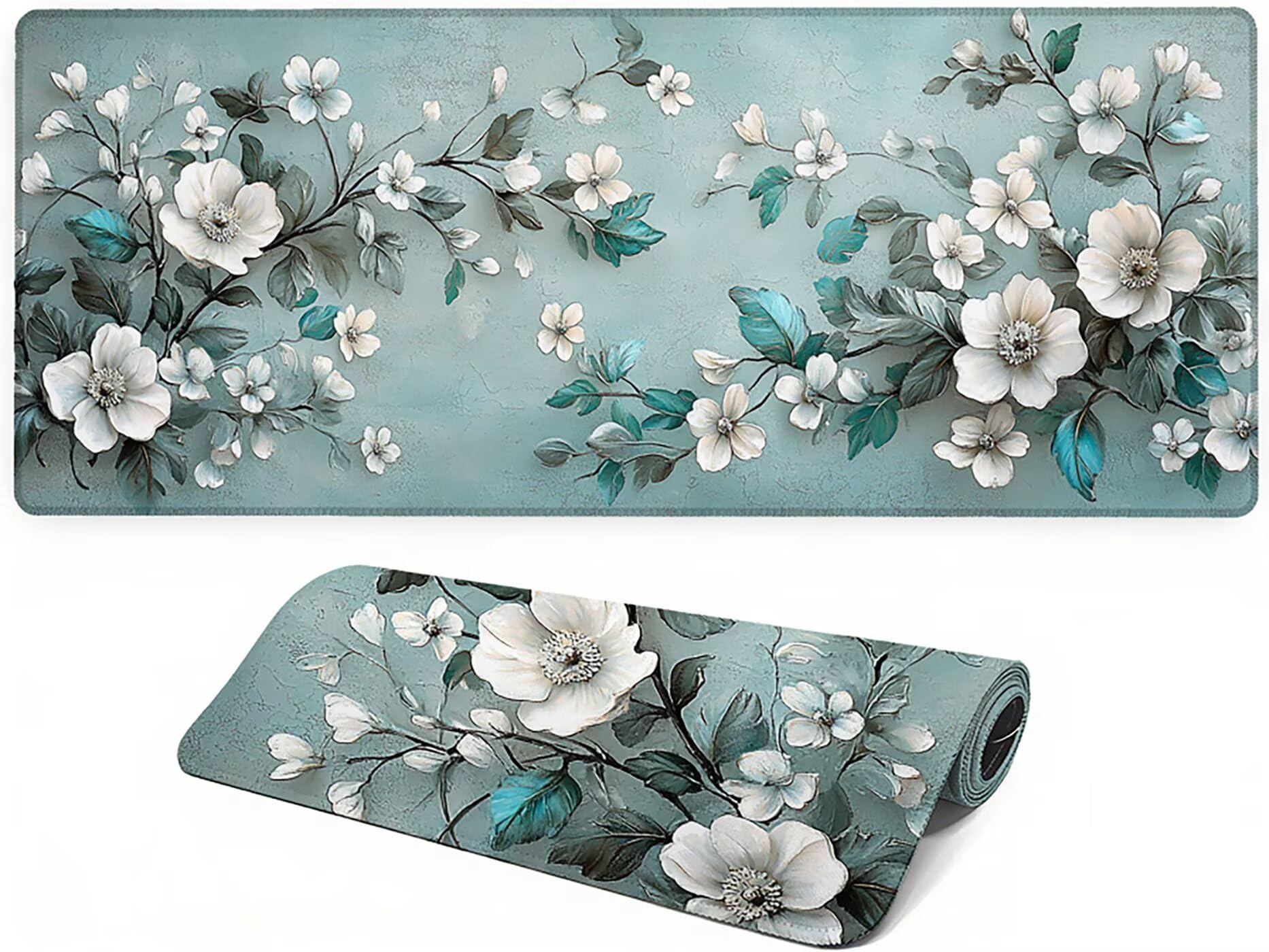 Lpfieonn Blume Großes Schreibtischunterlage, XXL Schreibtischunterlagen, Blau XXL Wasserdicht Gaming Mousepad mit Vernähter Rand und Rutschfeste Gummibasis, für Laptop/Hause/Büro 120x60cm PF-2693
