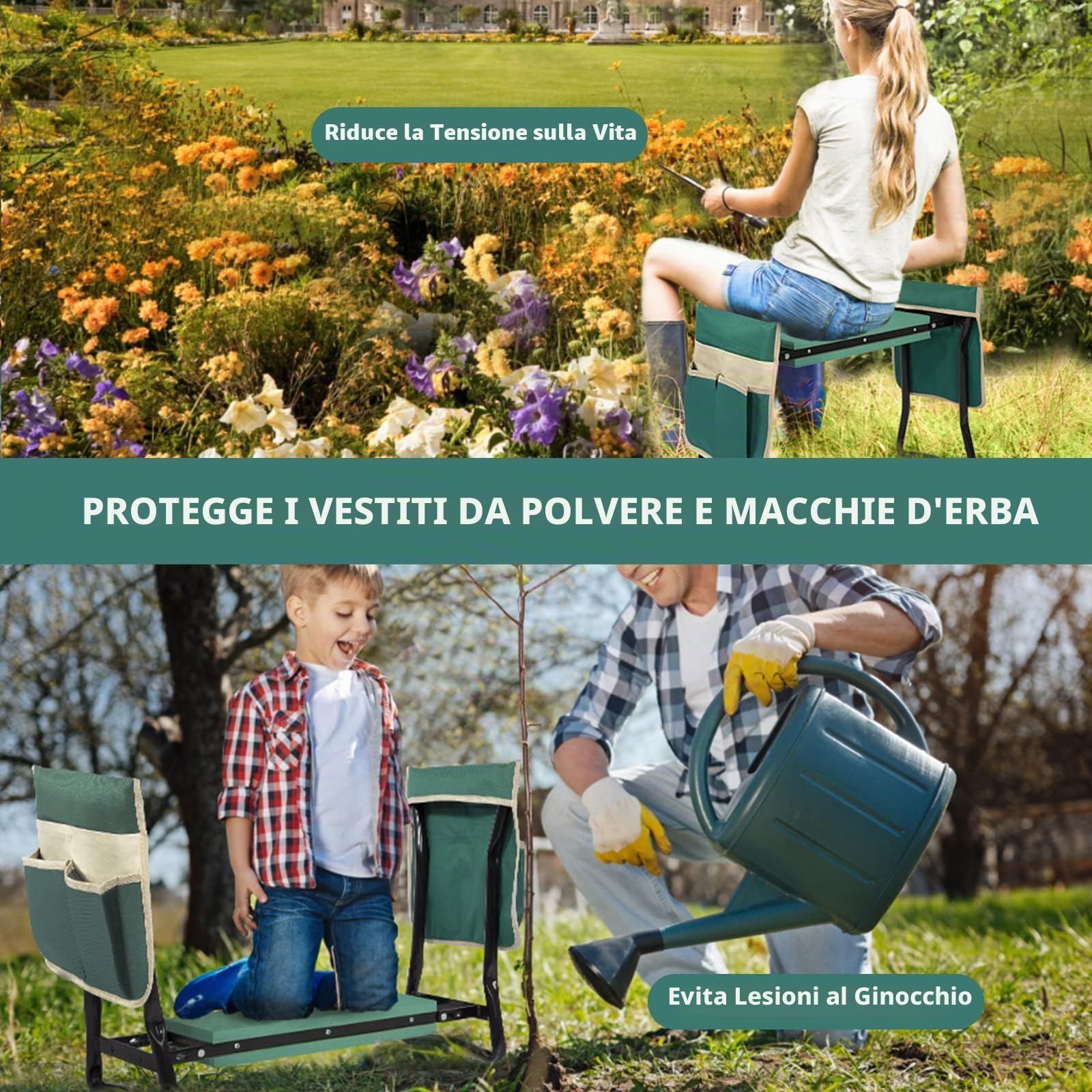 Uten Sgabello da Giardino Pieghevole, 2 in 1 Sgabellino Giardinaggio, Inginocchiatoio da Giardino e Sedile, Panca per Giardino Portatile con 2 Attrezzi Tasche e Cuscino in Schiuma EVA