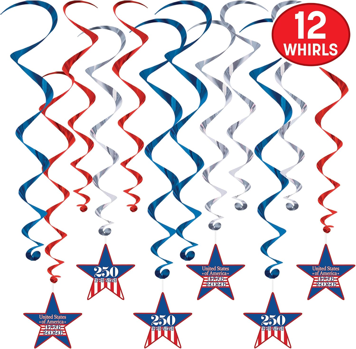 Beistle Semiquincentennial Whirls – 12 Pack, Red, White & Blue Hanging Swirl Decorations with 250th Anniversary Star Icons, Patriotic Ceiling Décor for USA 1776–2026 Parties & Celebrations, 15"–26¼"