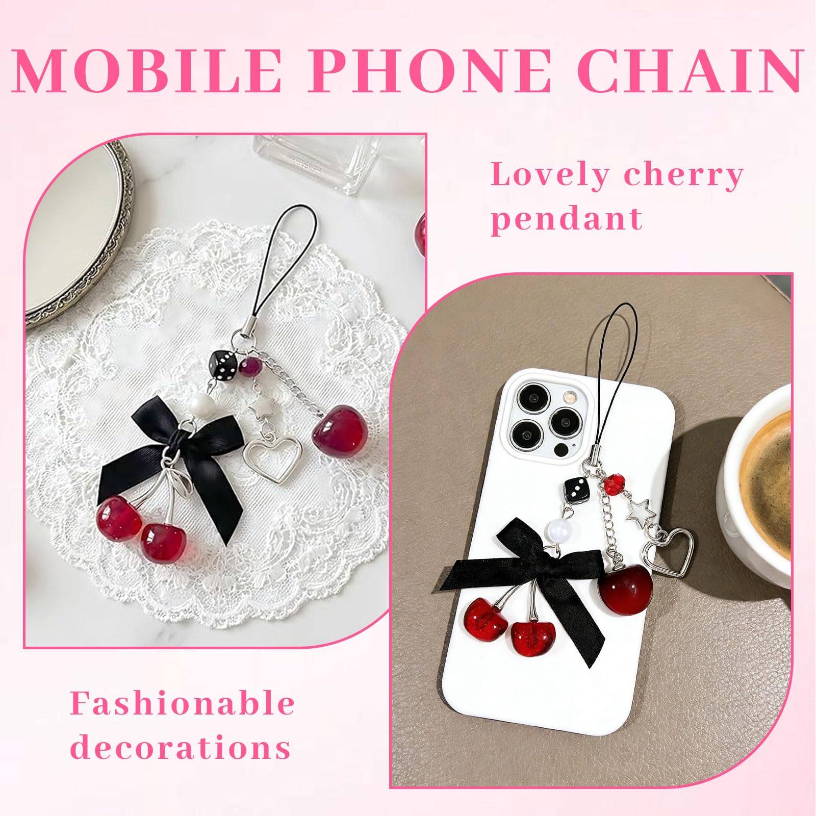 Kurze Handykette avec Charme Cerise – Breloque de téléphone Mignon en Noir comme chaîne Courte décorative pour Smartphone et clés