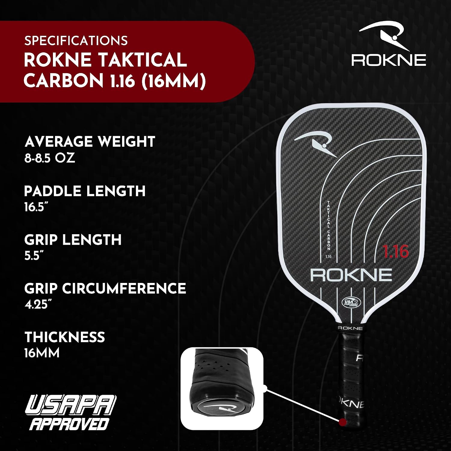 ROKNE Taktical Carbon Series, Pickleball Paddle, 3K Raw Carbon Fiber, Thermoformed Foam Lined Edge, 13MM or 16MM, USAPA Approved Pickleball Racket, High Grit Texture, Max Spin